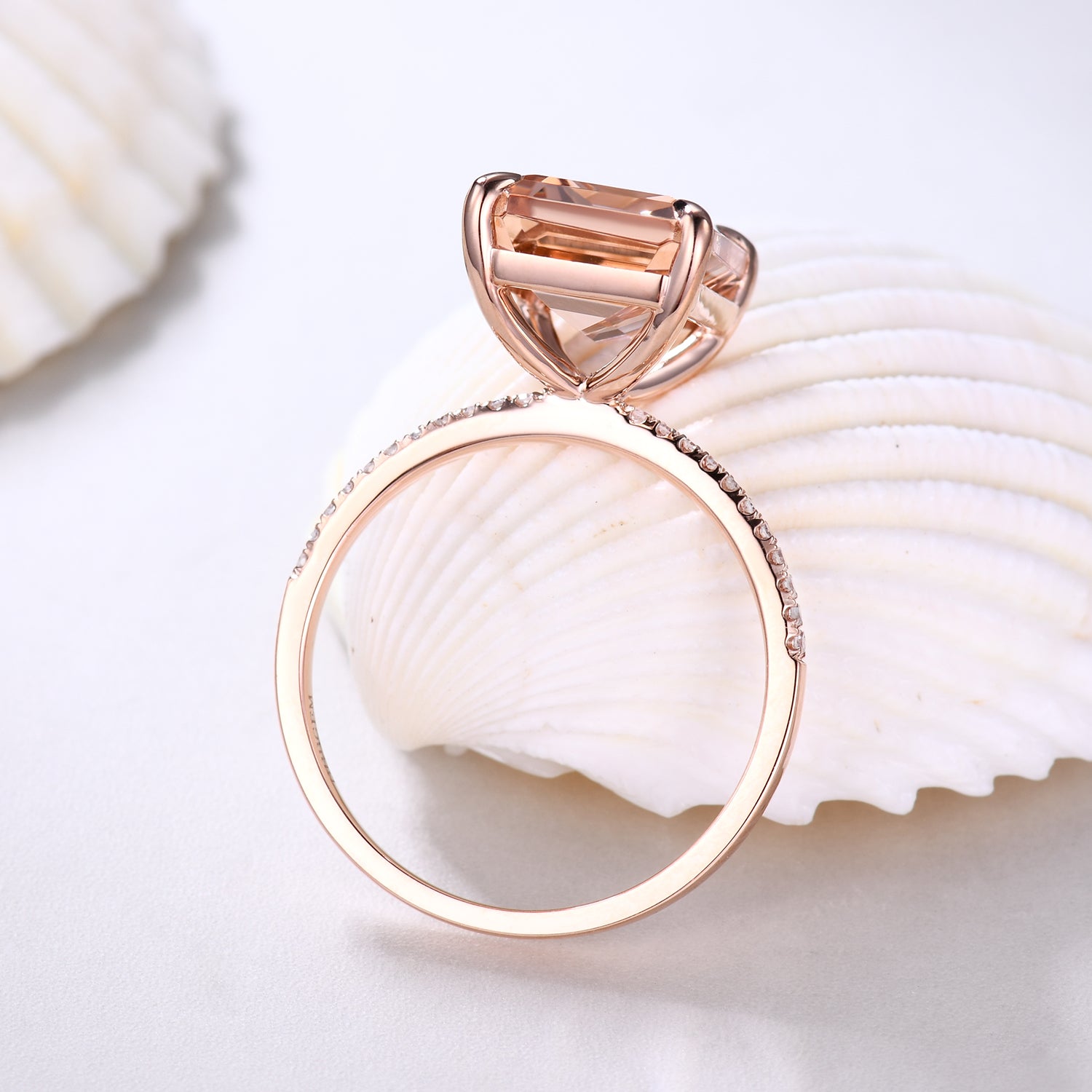 8x10mm Emerald Cut Morganite & Diamond Engagement Ring - Petite Band for Women, Elegant Wedding Jewelry, Perfect for Proposals & Anniversaries