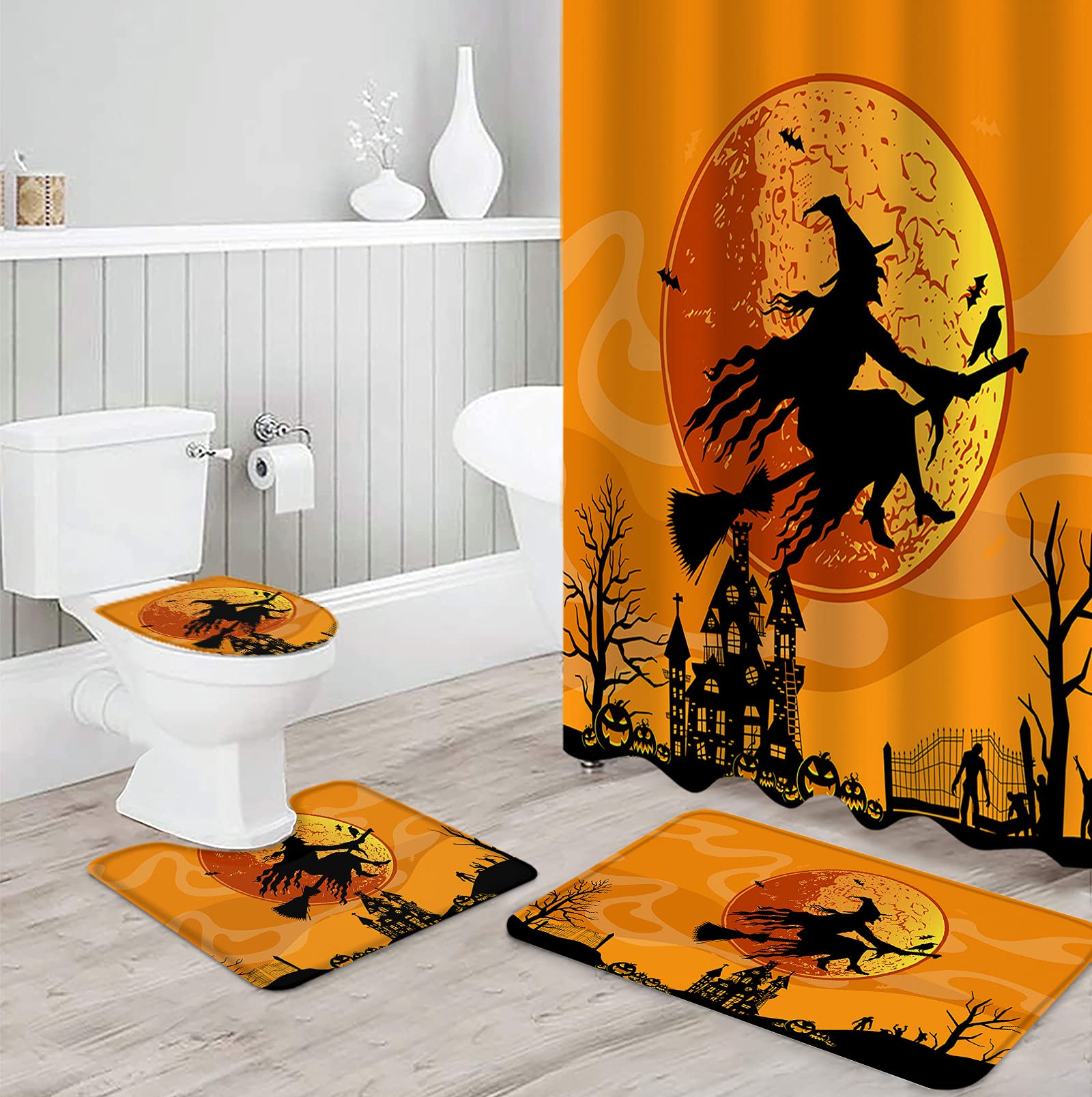 Happy Halloween Witch Orange Moon Shower Curtain Set - 4 Piece Waterproof Bathroom Decor with Non-Slip Bath Rugs, Dead Trees Pumpkin Haunted House Design - Perfect for Spooky Bathroom Makeover, Halloween Party Decor & Haunted House Theme