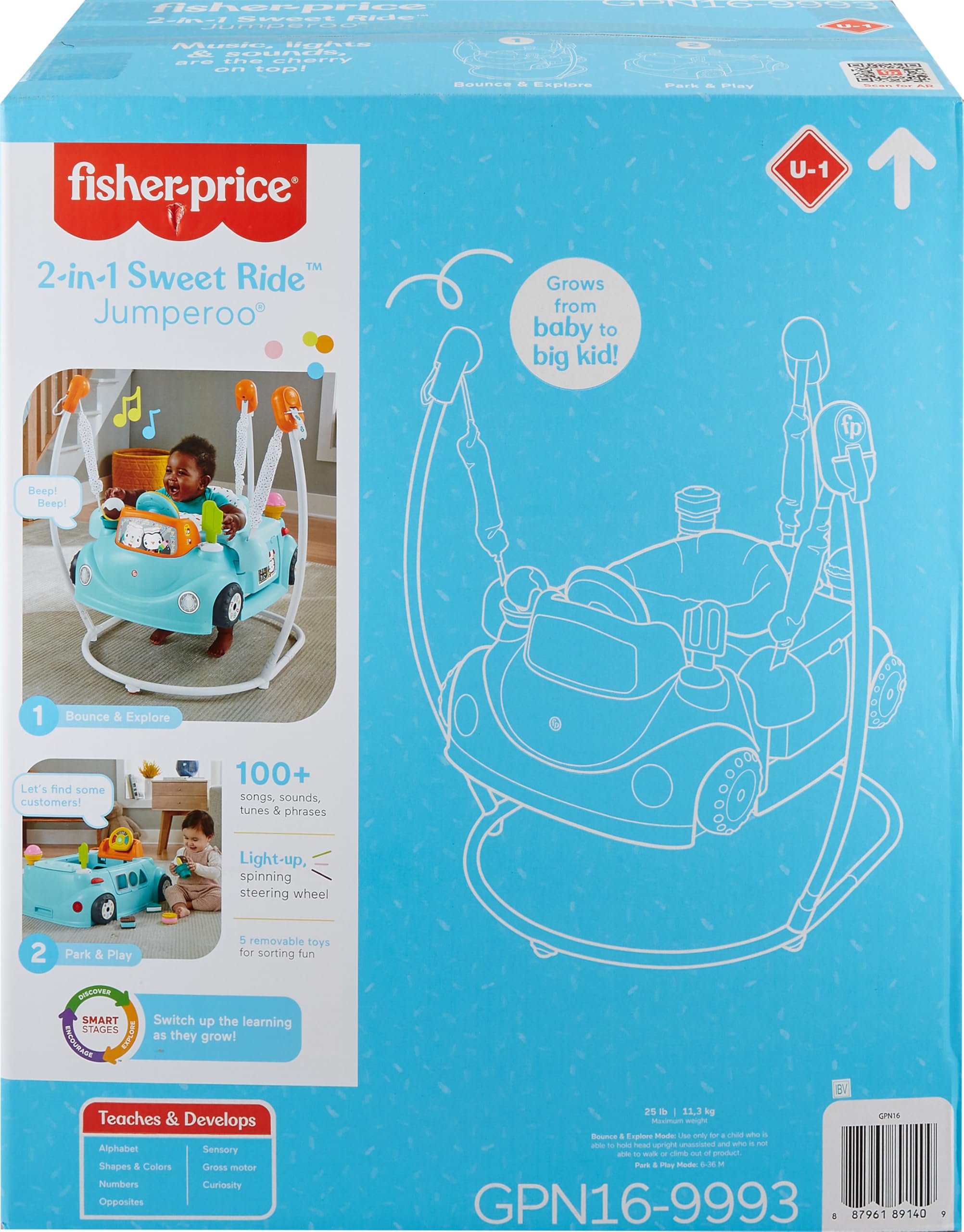 Fisher-Price Sweet Ride 2-in-1 Jumperoo Activity Center with Lights, Sounds & Smart Stages Learning - Baby to Toddler Developmental Toy for Indoor Play & Early Learning