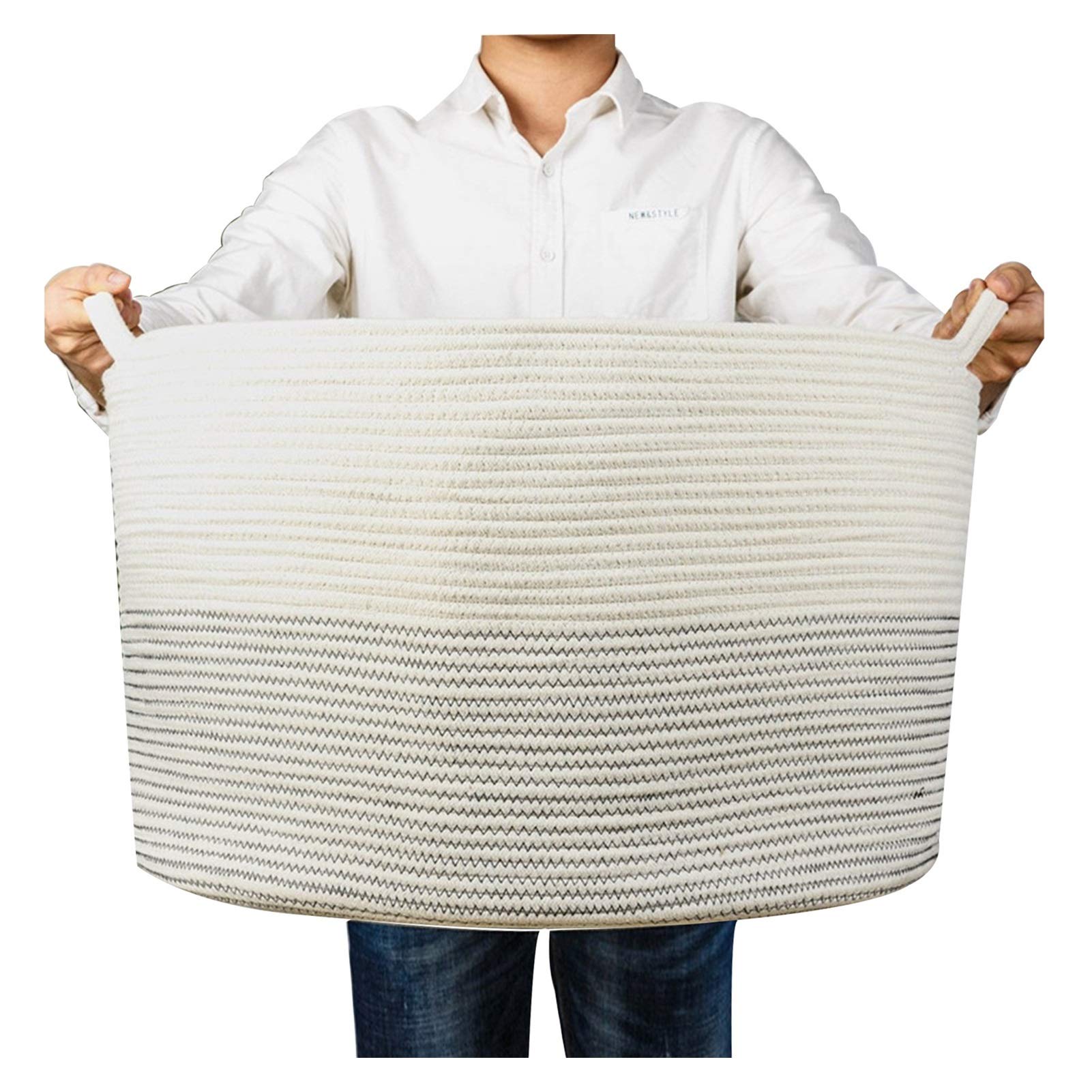 YUNSHAO Large Woven Cotton Rope Storage Basket with Handle - 55 X 35CM Gray Blanket Basket for Living Room, Nursery, Toys & Laundry Organization | Perfect for Home Decor, Baby Room & Clutter Control