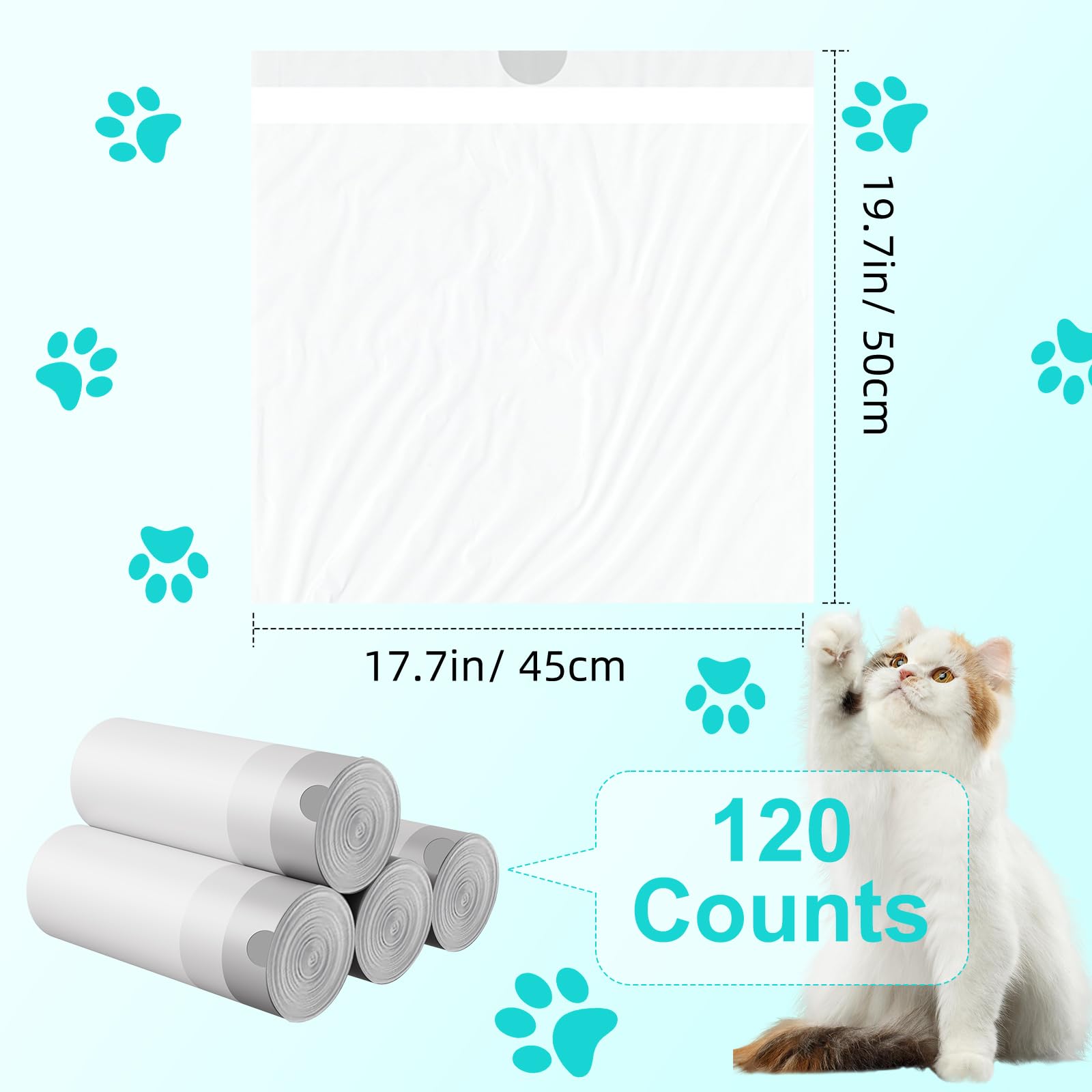 Self Cleaning Cat Litter Box with Liners - Extra Sturdy Drawstring Pet Waste Bags (4 Rolls, 60 Counts, 20