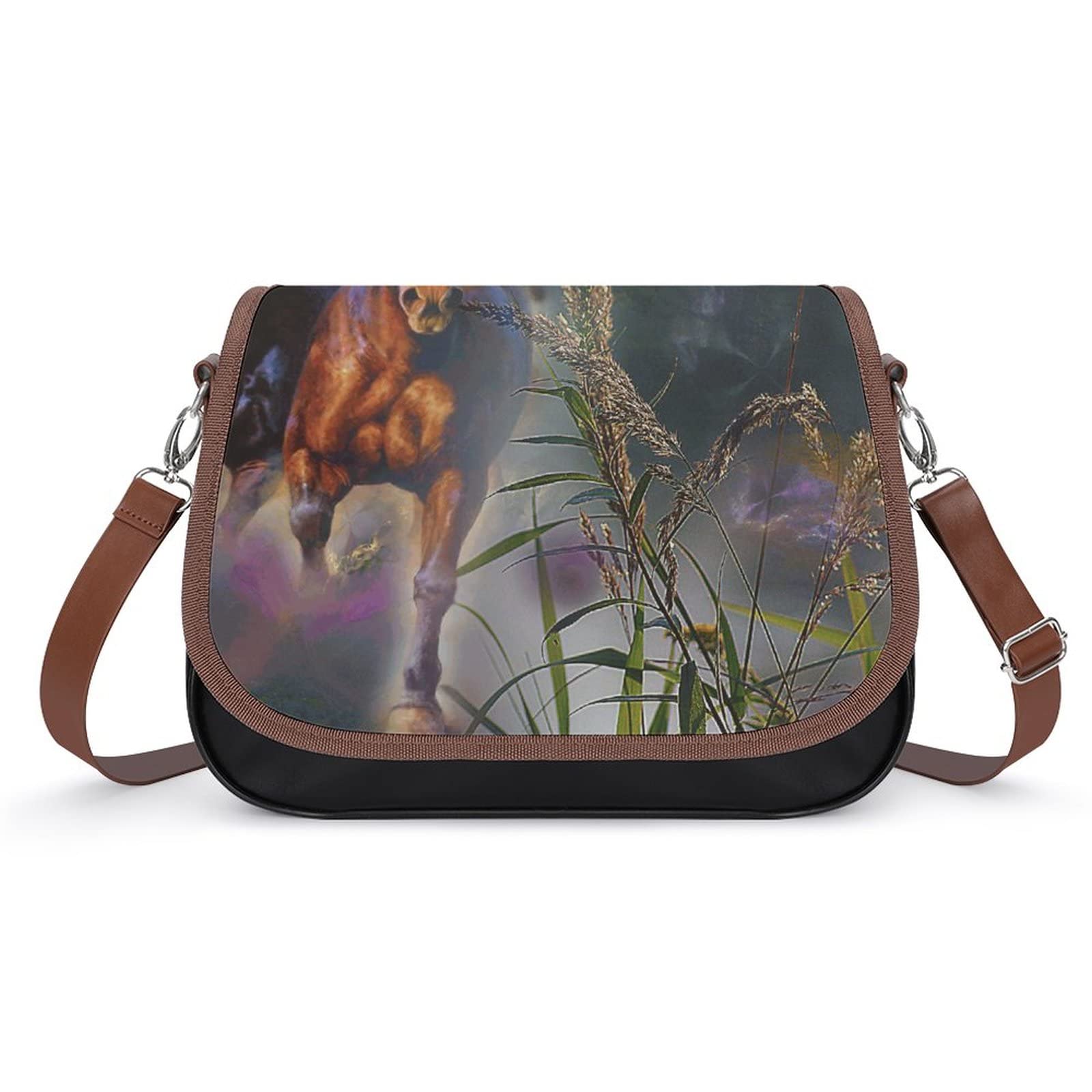 Women's Leather Crossbody Bags - Classic City Shoulder Bag with Running Horse Design, Fashion Satchel Hobo Purse for Daily Use, Work, Travel & Shopping