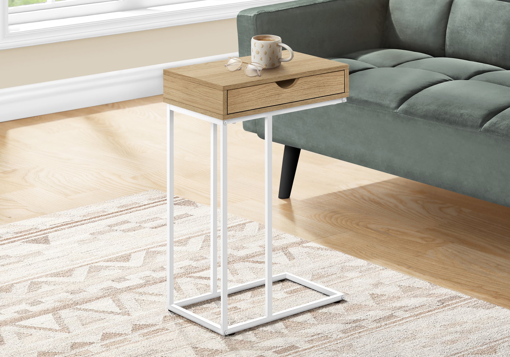 Modern Accent Table - 25 Inch Height, Natural Wood & White Metal Finish - Perfect for Living Room, Bedroom, or Entryway Decor