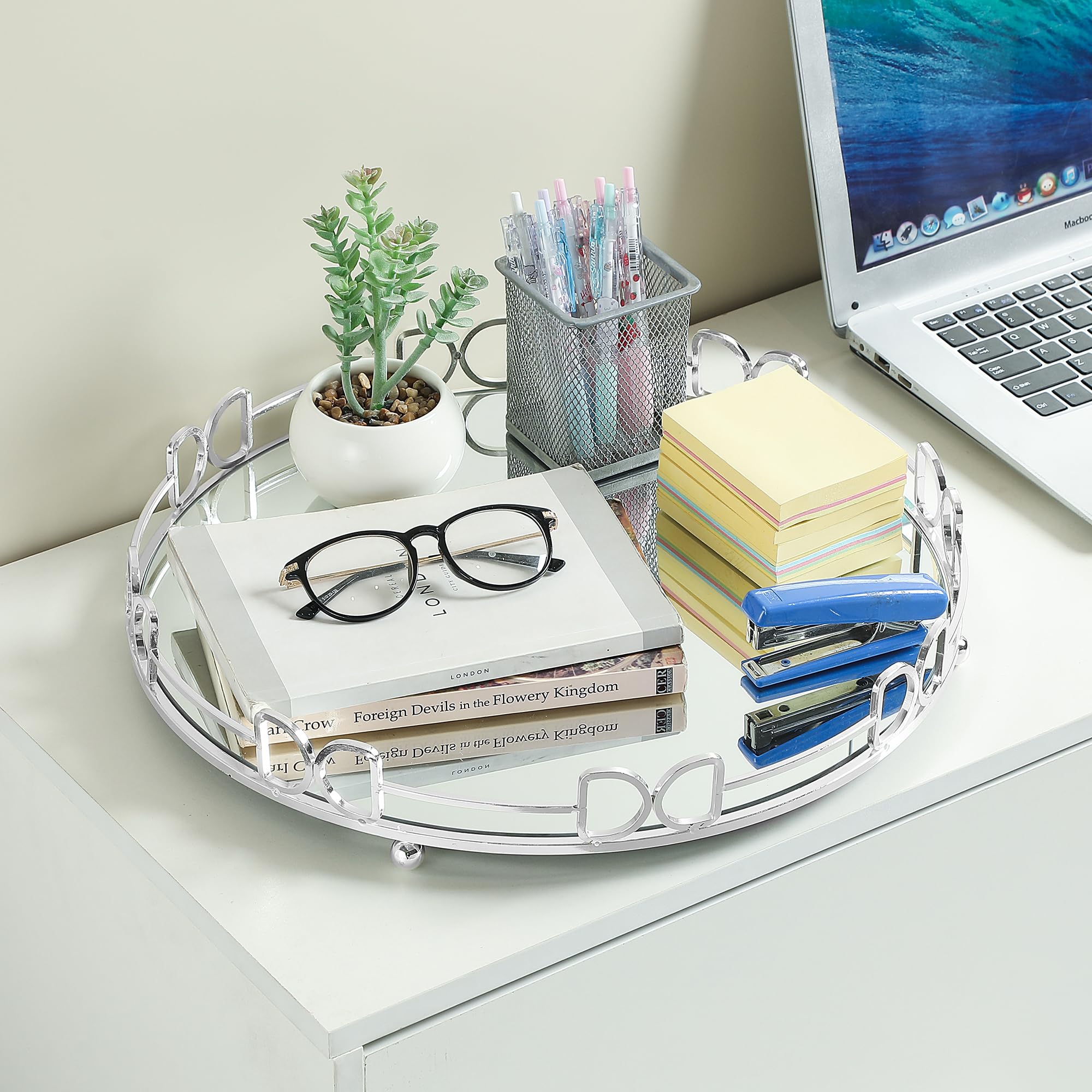 Extra Large Silver Glass Vanity Tray (15.75x15.75x2.52 Inches) - Elegant Perfume Organizer for Dresser, Jewelry Display & Bathroom Decor - Perfect for Vanity Table, Bedroom Decor & Gift Giving