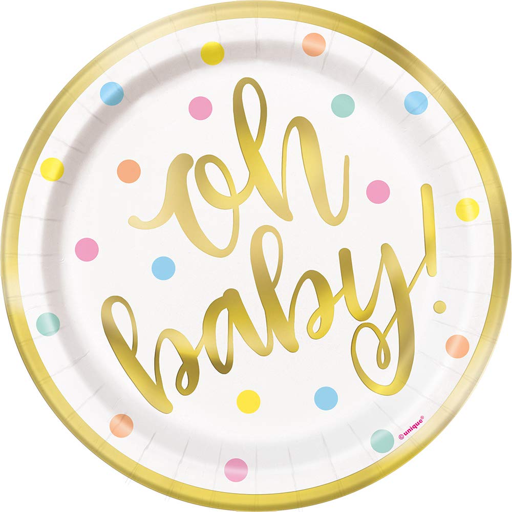 Gold Foil Baby Shower Dessert Plates - 7 Inch Round Disposable Plates (Pack of 8) - Elegant & Durable Party Tableware for Baby Showers, Birthday Celebrations & Special Events