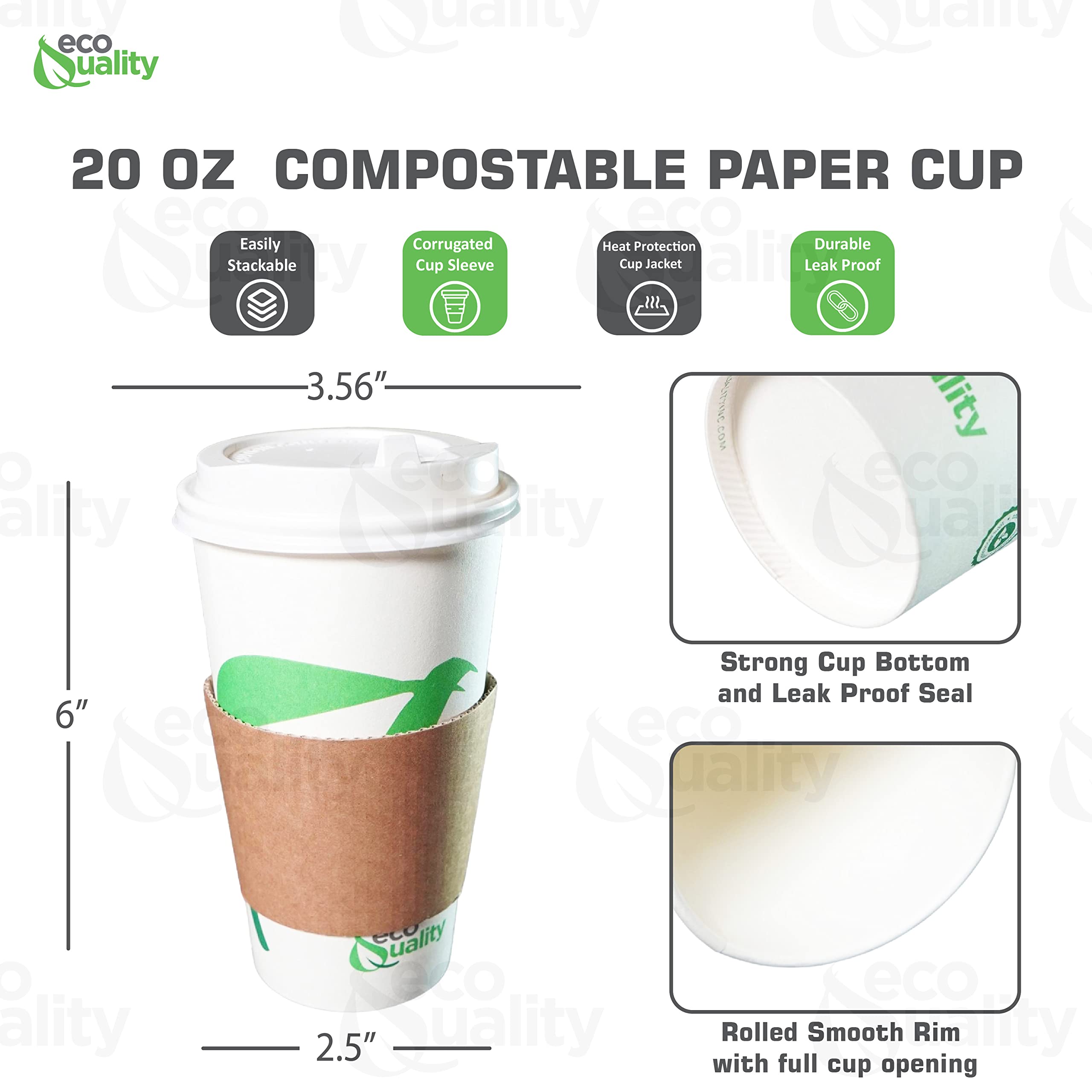 20 oz Biodegradable Compostable Paper Coffee Cups with White Dome Lids & Sleeves - PLA Lined Eco-Friendly Disposable Hot/Cold Drink Cups (250 Pack) - Perfect for Coffee Shops, Offices, Parties and Events