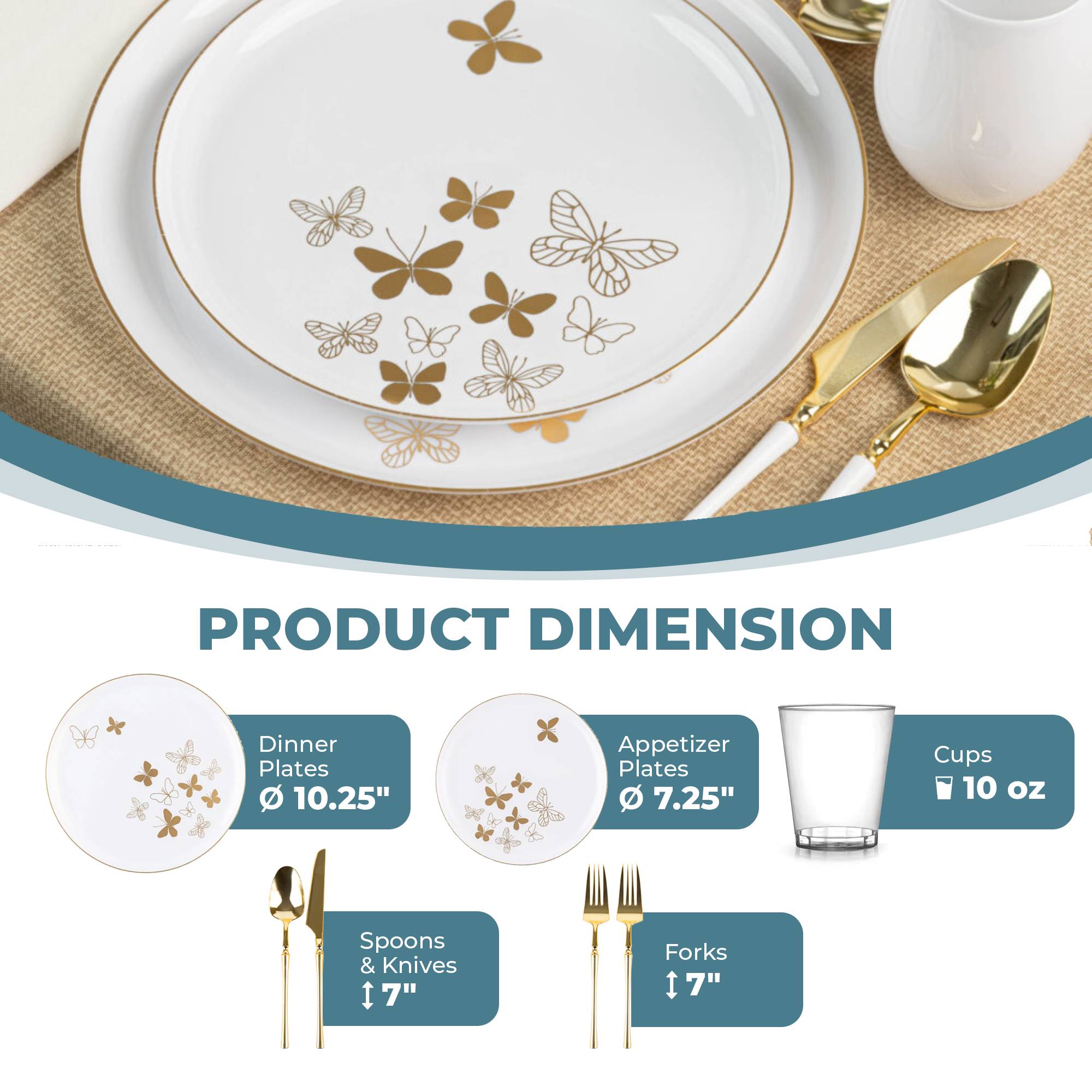 White and Gold Plastic Party Bundle with Butterflies - Perfect for Birthday, Wedding, Baby Shower Decorations