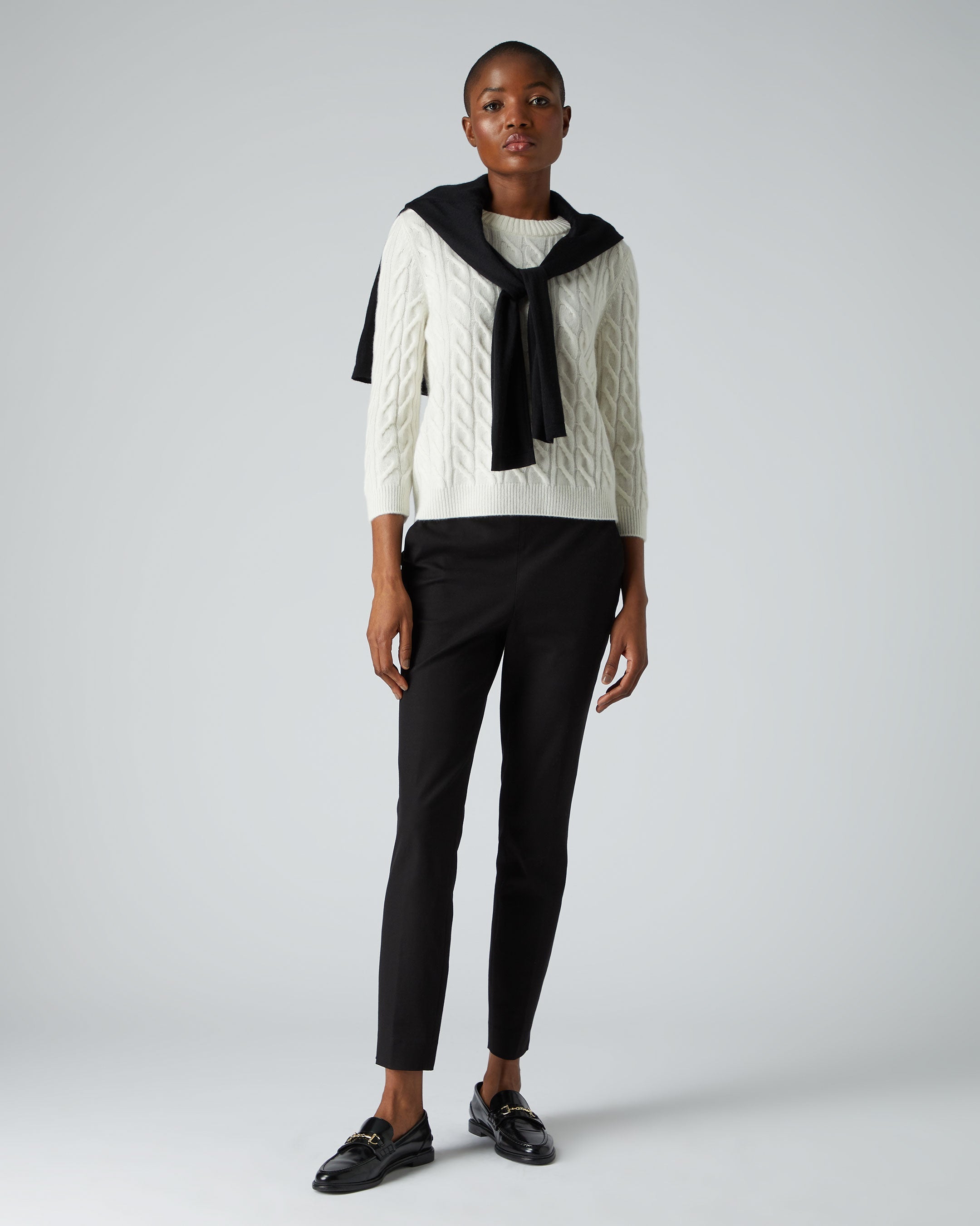 Premium Women's Cashmere Sweater - Emilia Cable Knit Round Neck Pullover in Ivory White | Soft Winter Warmth for Office, Date Night & Holiday Outfits