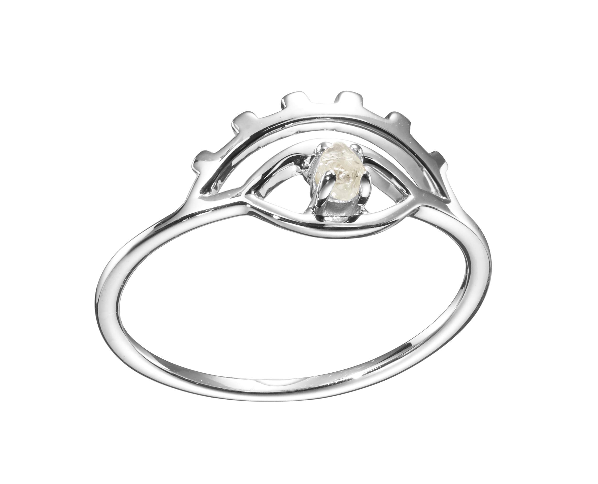 Majade Handmade 9K White Gold Raw Diamond Evil Eye Ring - Uncut Rough Diamond, Eye of Horus & All Seeing Eye Jewelry | Conflict-Free Diamond Ring for Spiritual Protection & Unique Fashion Statement