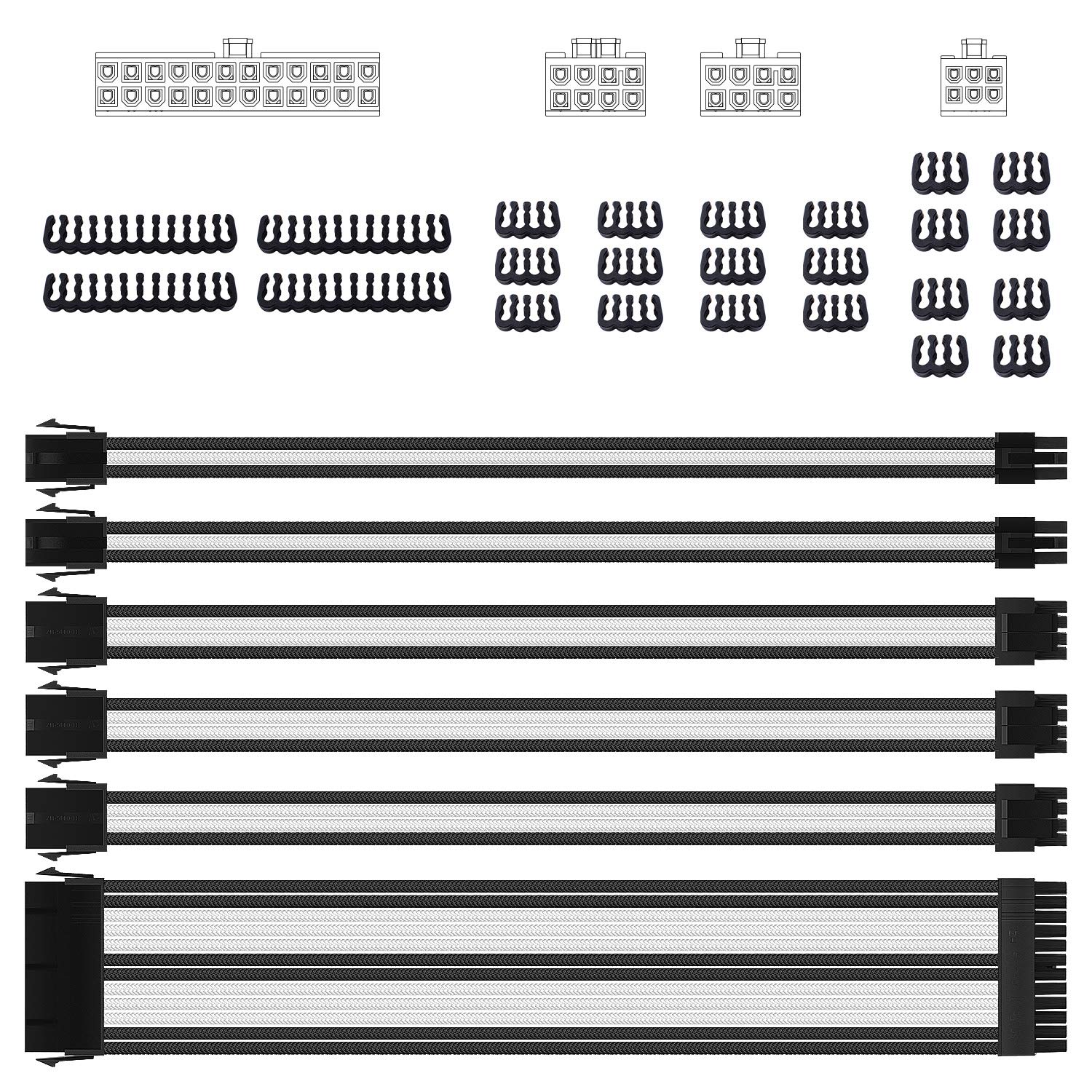Premium Sleeved PSU Cable Extension Kit - 24-Pin, 8-Pin, 6-Pin, 4+4-Pin Connectors with Cable Combs (30cm/11.8