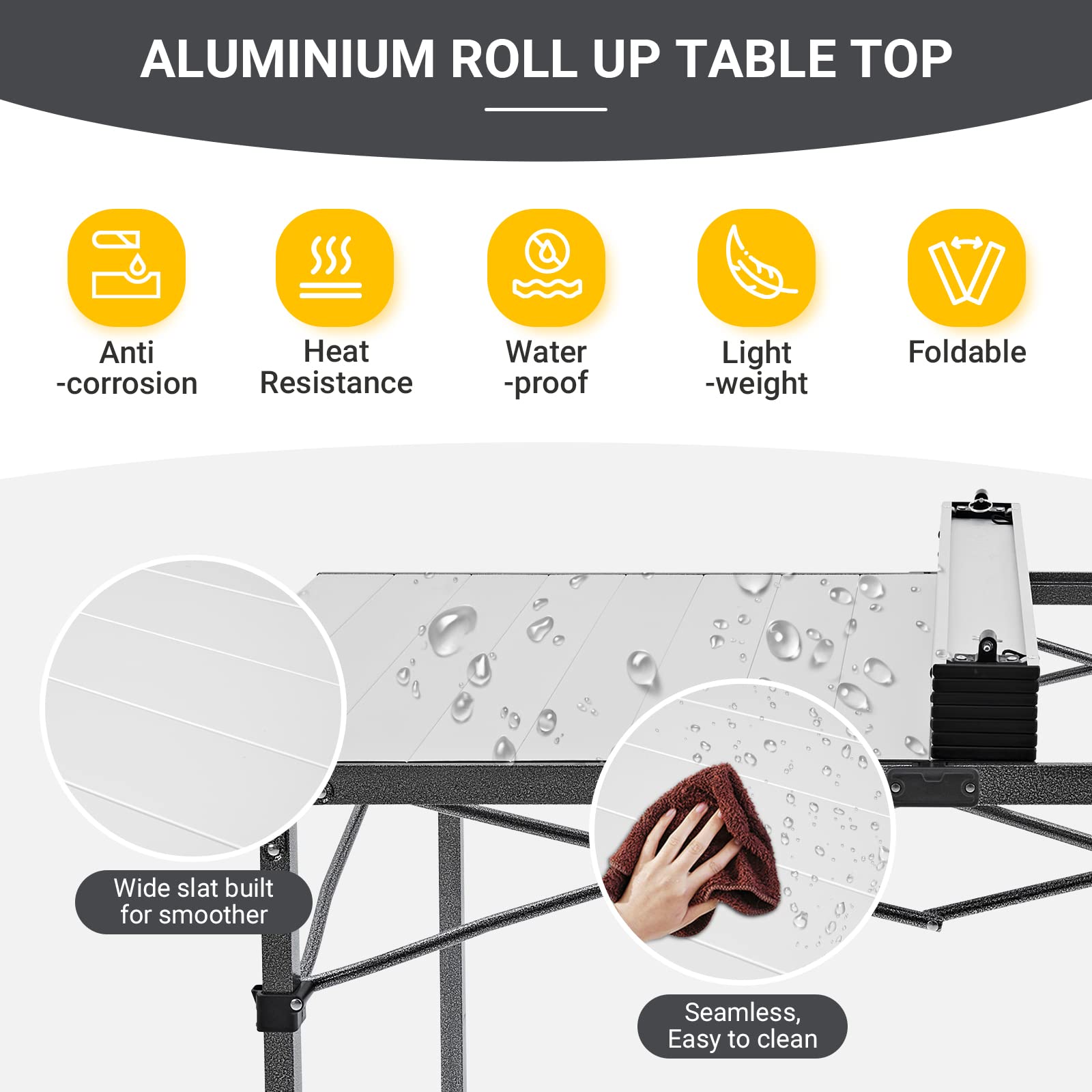 KingCamp Folding Camping Table - Aluminum Roll-Up Camp Table for 6-8 People, Heavy Duty 180 LBS Capacity, Portable Outdoor Picnic Table with Carry Bag - Perfect for Camping, Backyard BBQ, Beach Parties & Tailgating