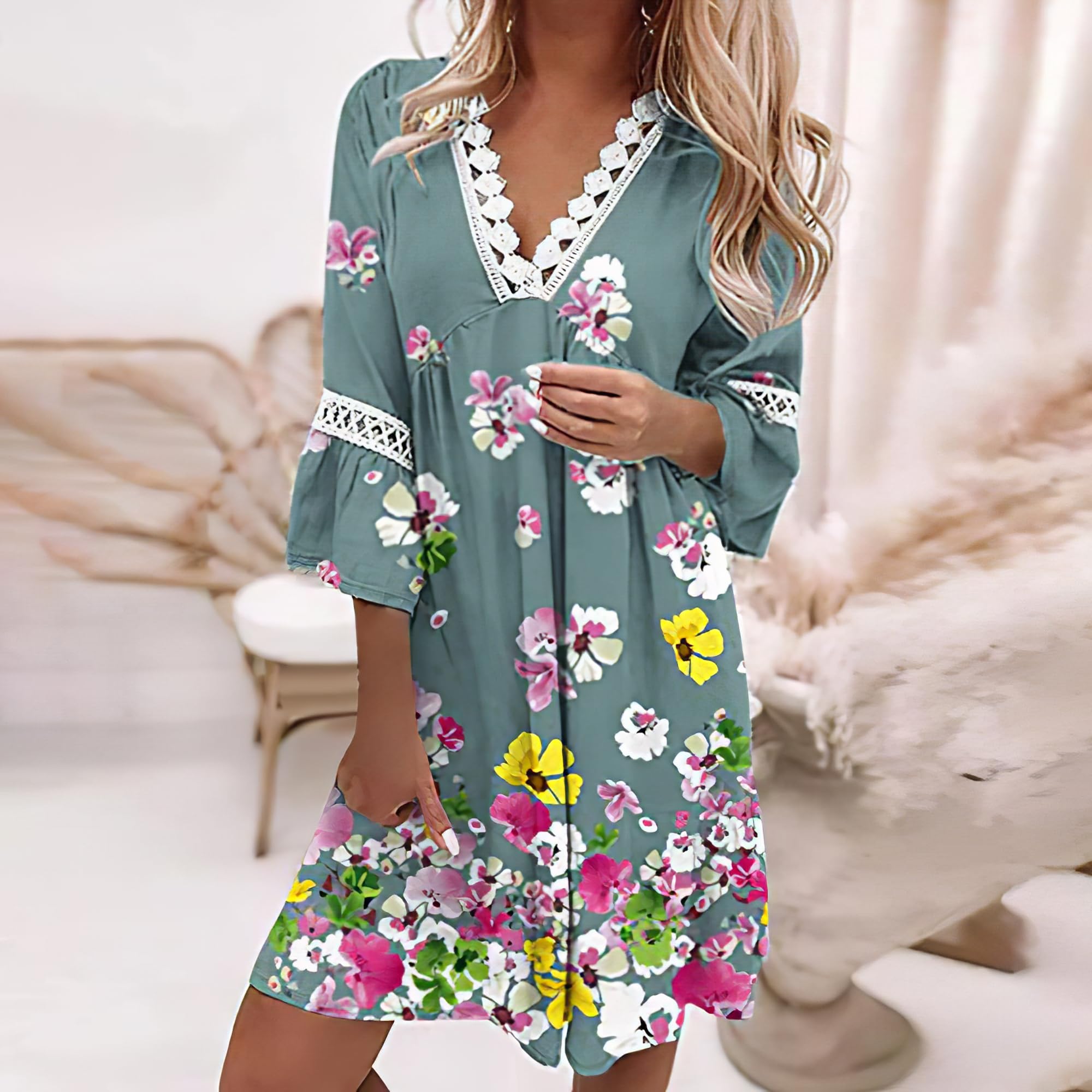 Boho Floral Printed Lace Dress for Women - Loose V Neck 3/4 Sleeve Mini Beach Dress | Spring Summer Casual Dresses 2025 | Perfect for Vacations, Weddings & Outdoor Parties