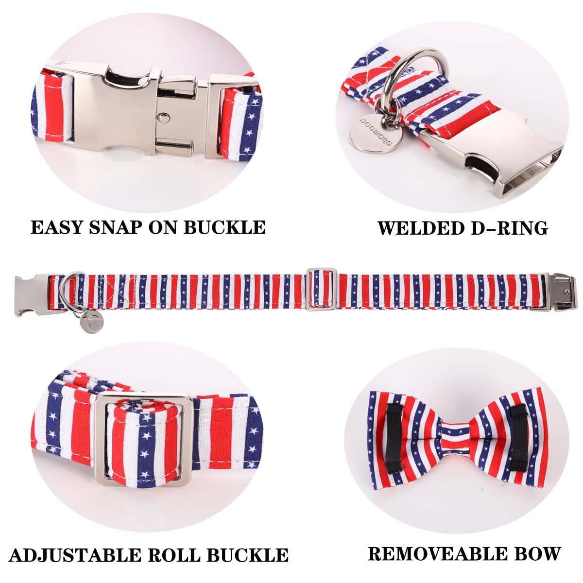 American Flag Dog Collar with Bowtie | Patriotic Cotton Pet Collar for Small Medium Large Dogs | Comfortable & Durable Memorial Day Accessory | Perfect for 4th of July, Veterans Day & Patriotic Events