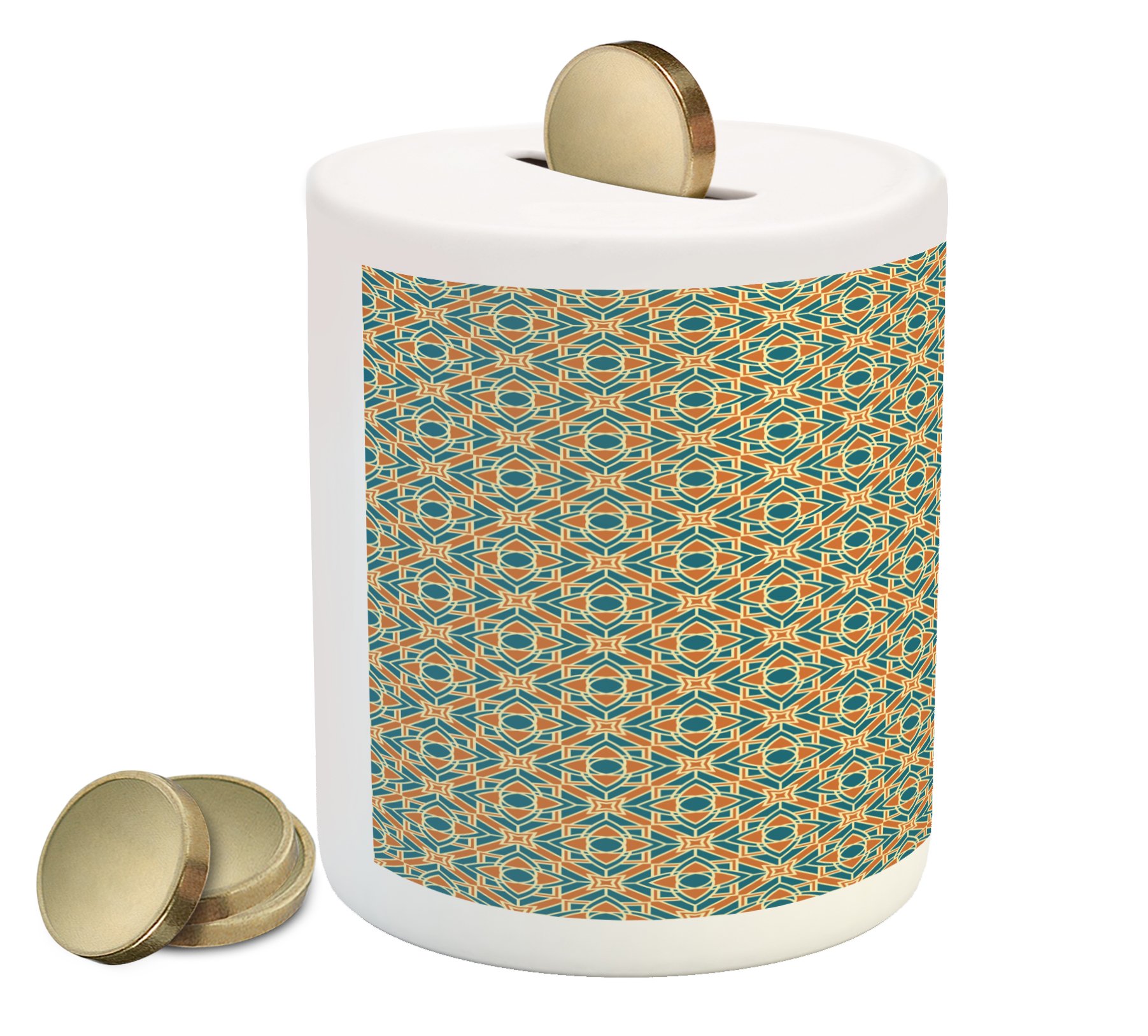 Ambesonne Ceramic Piggy Bank - Floral Mosaic Design for Cash Saving, Gardening Theme Money Box in Petrol Blue & Orange | Perfect for Kids' Savings, Home Decor, and Unique Gift Ideas