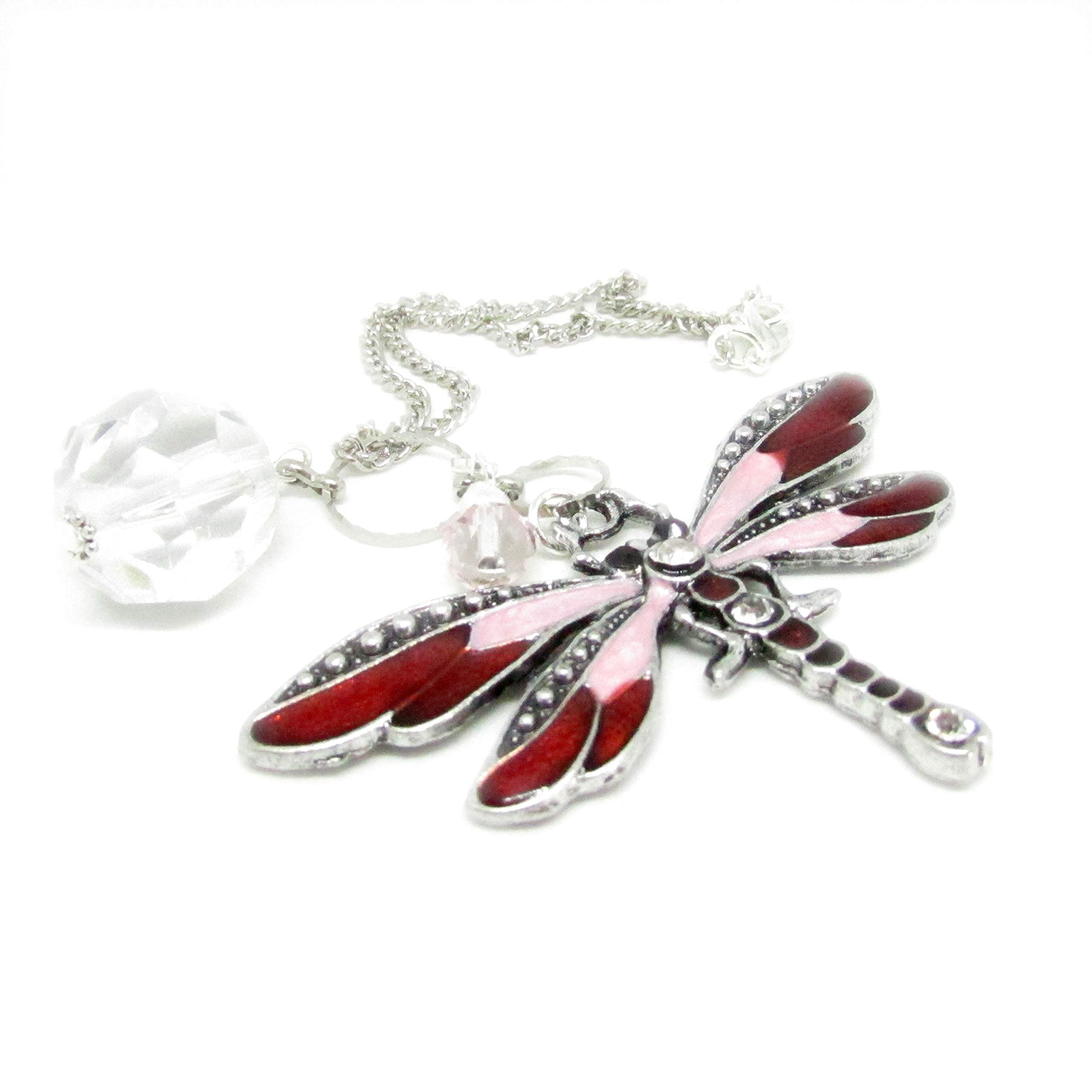 Pink Dragonfly Rear View Mirror Charm - Crystal Sun Catcher for Car Decor - Handmade Dragonfly Gift for Mom, Wife, Girlfriend - Valentine's Day, Birthday, Anniversary Gifts for Women - Feng Shui Car Accessory for Good Luck & Positive Energy
