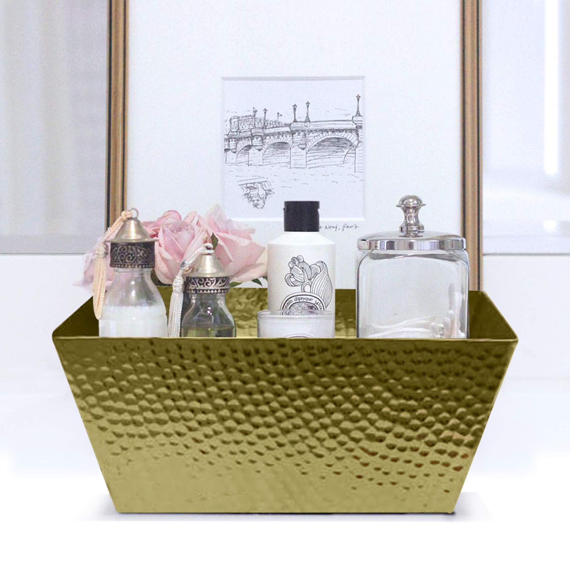 NuSteel Gold Finish Hammered Metal Toilet Tank Tray - Bathroom Countertop Organizer for Cosmetics, Jewelry & Perfume | Multi-Purpose Vanity Storage Bin for Makeup, Cotton Balls & Small Essentials | Perfect for Modern Bathrooms, Bedroom Dressers & Spa-Like Vanities