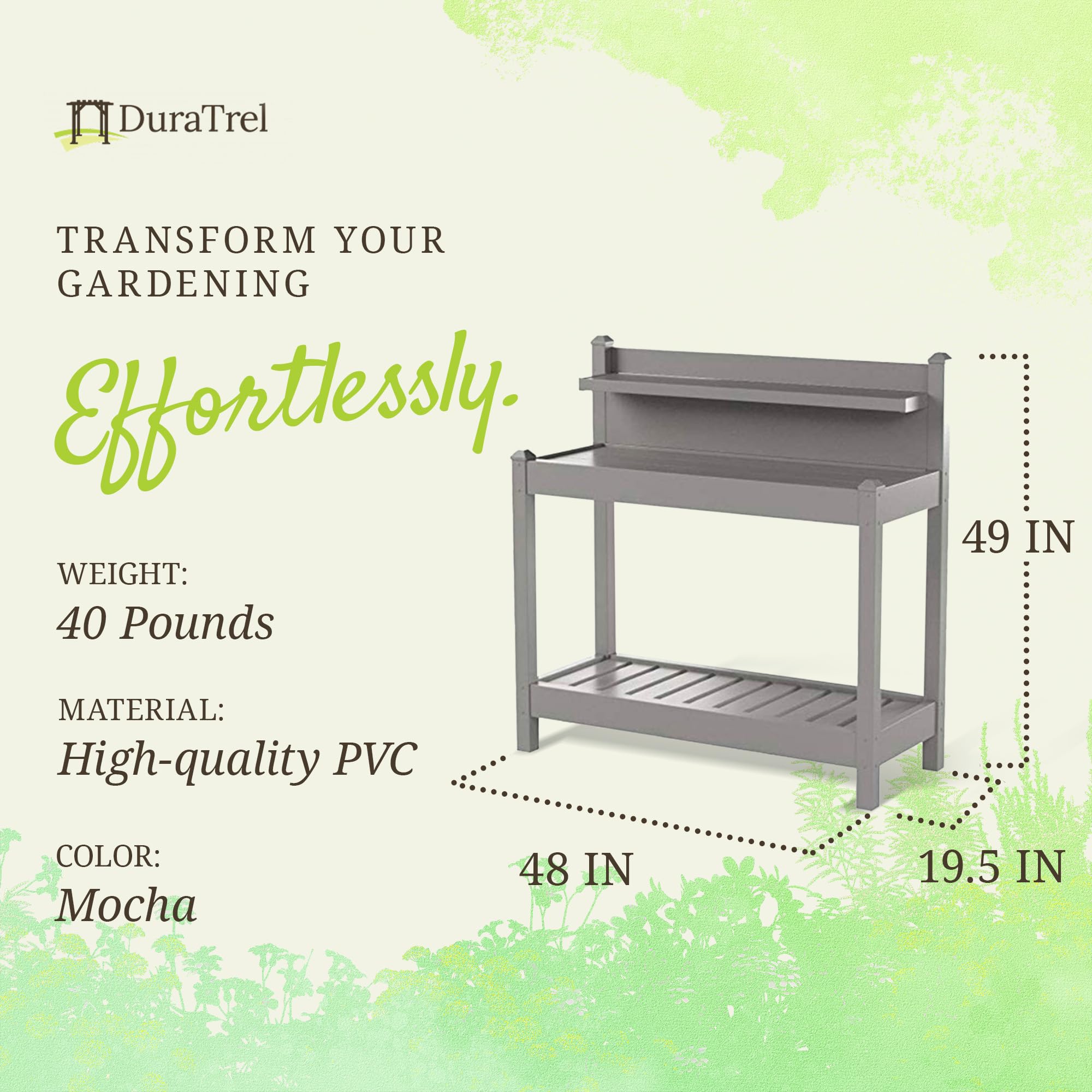 Durable Greenfield PVC Vinyl Indoor/Outdoor Potting Bench with Storage Shelf - Perfect for Gardening, Plant Care & Tool Organization - Ideal for Patio, Greenhouse & Backyard Use (Mocha)