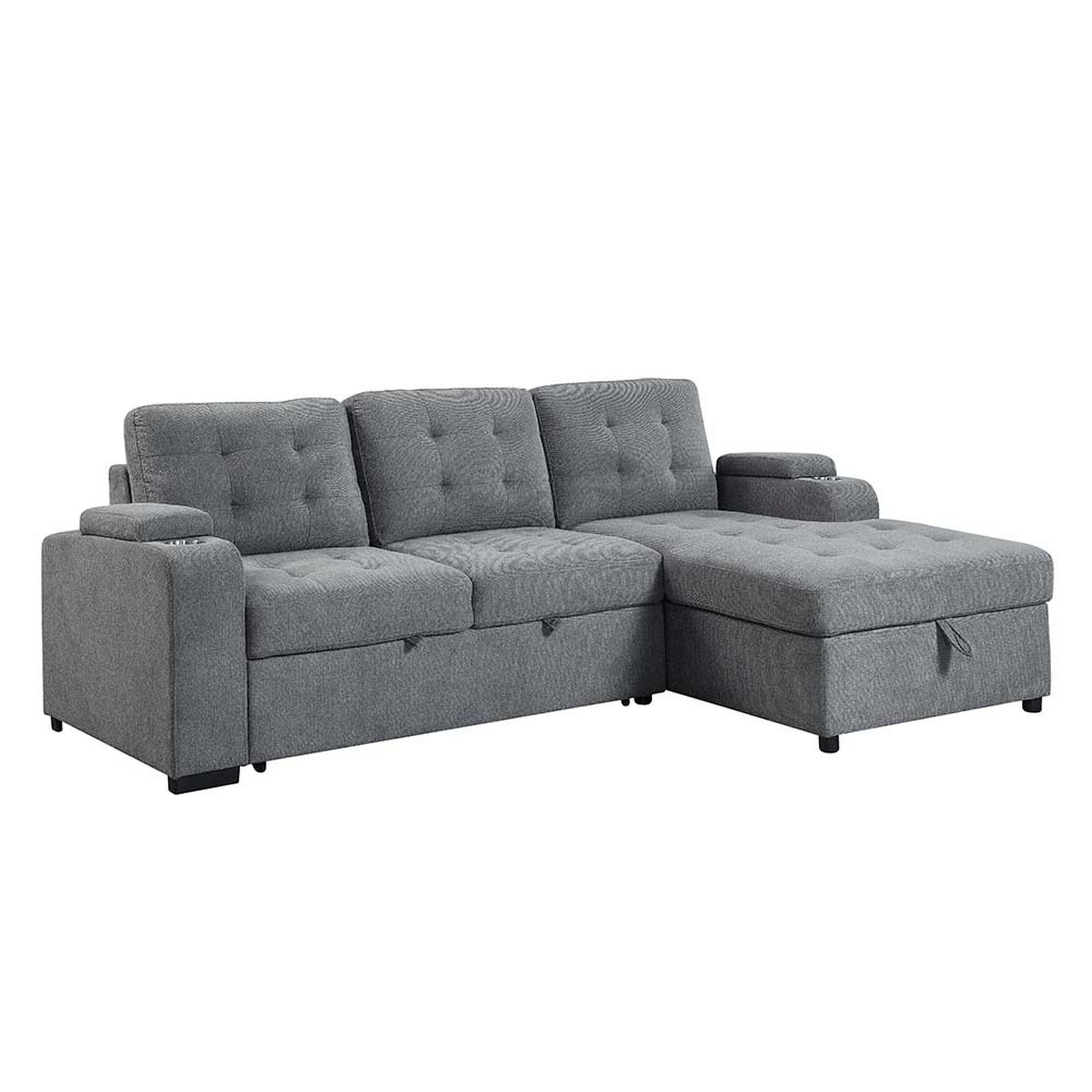 Benjara 99 Inch Sectional Sofa with Storage Chaise & Pull Out Bed - Gray Fabric Upholstered Convertible Sleeper Sofa for Small Spaces | Perfect for Apartments, Living Rooms & Guest Rooms