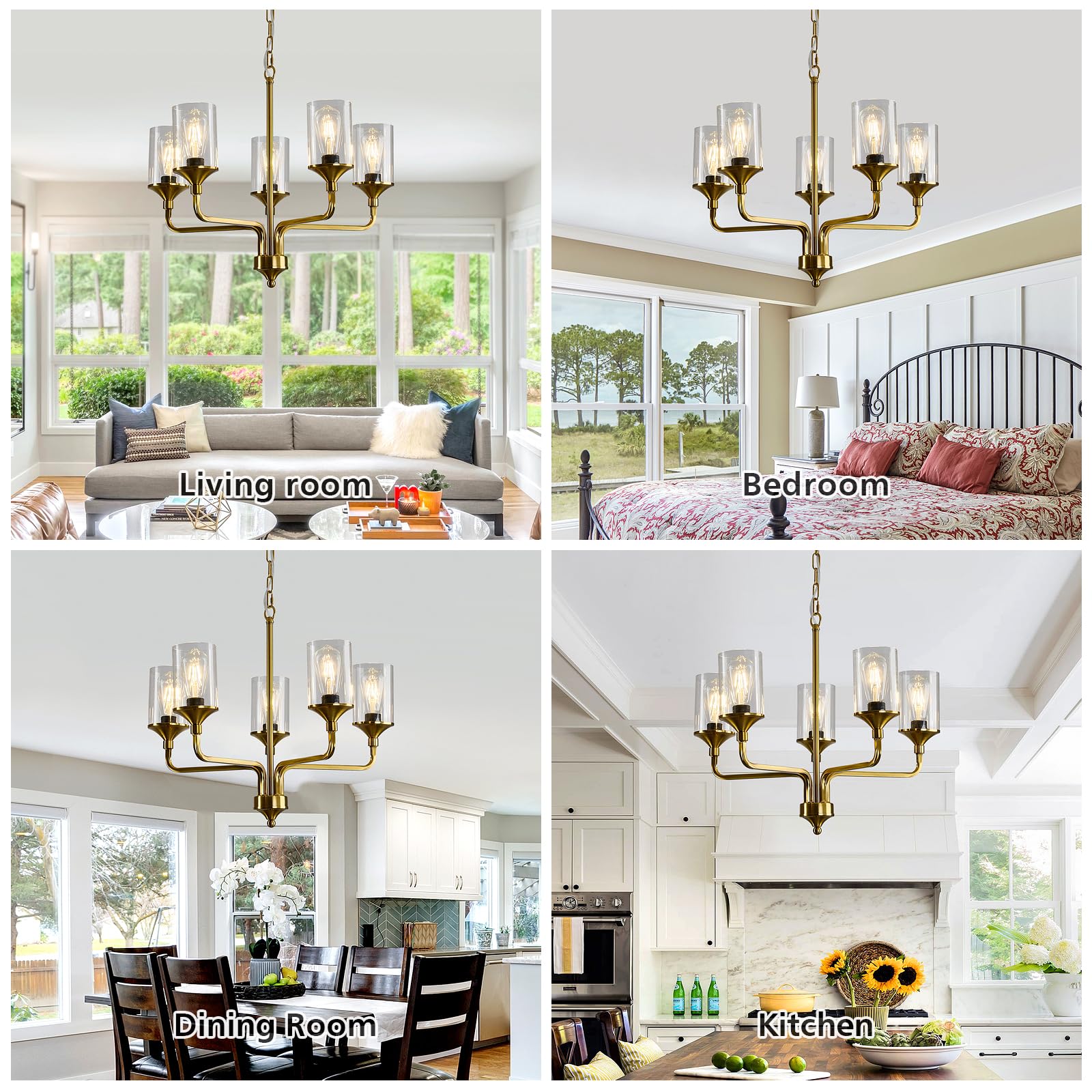 Gold 5-Lights Glass Chandelier - Rustic Metal Pendant Ceiling Light Fixture for Farmhouse, Kitchen, Living Room, Foyer & Dining Room | Elegant Lighting for Home Decor & Special Occasions