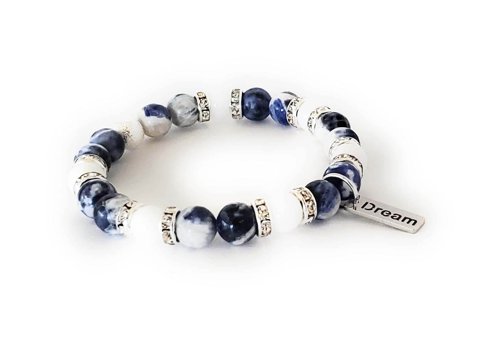Blue Sodalite & White Jade Beaded Bracelet - Natural Healing Stone for Stress Relief, Anxiety & Positive Energy - Meditation, Yoga & Spiritual Jewelry Gift