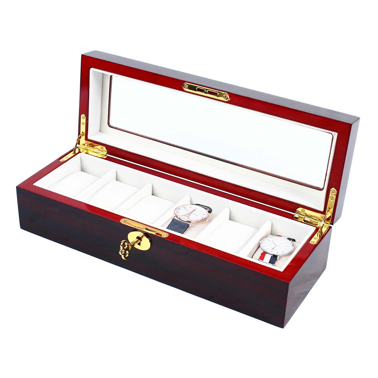 6-Slot Wooden Watch Box with Glass Display & Metal Lock - Ebony Jewelry Storage Organizer for Watches, Rings & Necklaces - Perfect for Home, Office & Travel Use