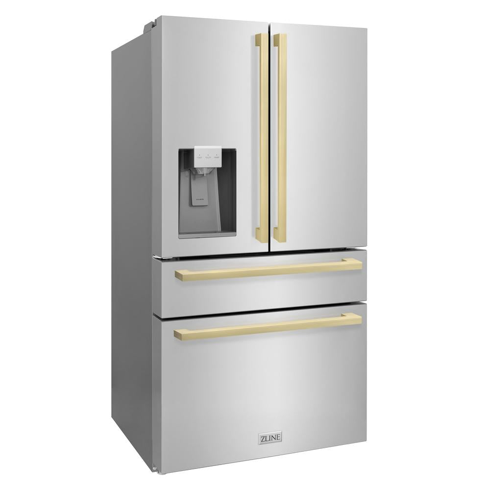 ZLINE Autograph Edition 36 Inch Counter Depth French Door Refrigerator - 21.6 cu ft Capacity, Fingerprint Resistant Stainless Steel, Champagne Bronze Handles, Built-in Water & Ice Dispenser - Perfect for Modern Kitchens, Open Concept Homes & Entertaining Spaces (RFMZ W 36 FCB)