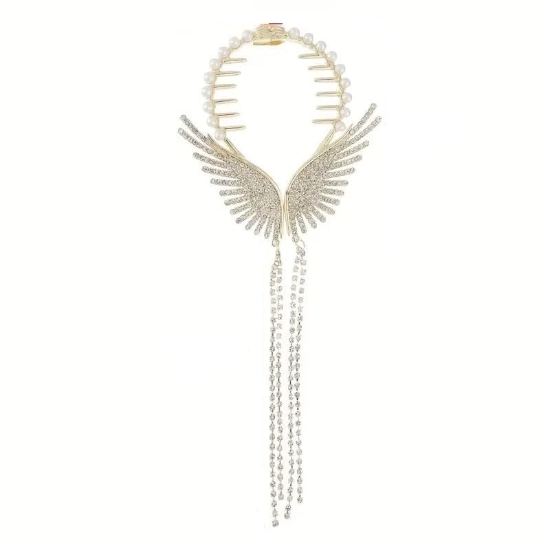 1 Pcs Rhinestone Wings Banana Clip - Alloy Hair Claw Bun Holder with Tassel - Vintage Hair Accessories for Women, Party, Wedding & Special Occasions