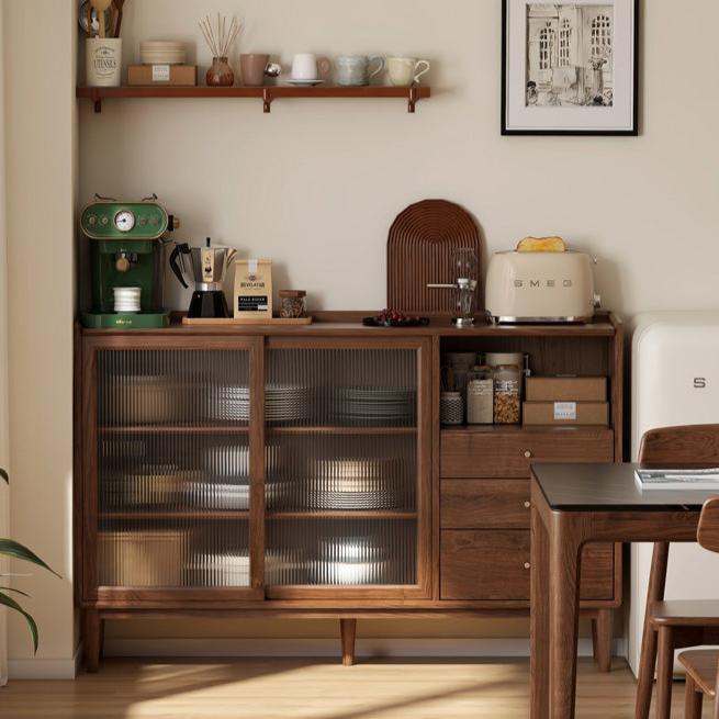 Modern Solid Wood Sideboard with Glass - Black Walnut & Oak - Perfect for Living Room, Dining Room, or Entryway Storage