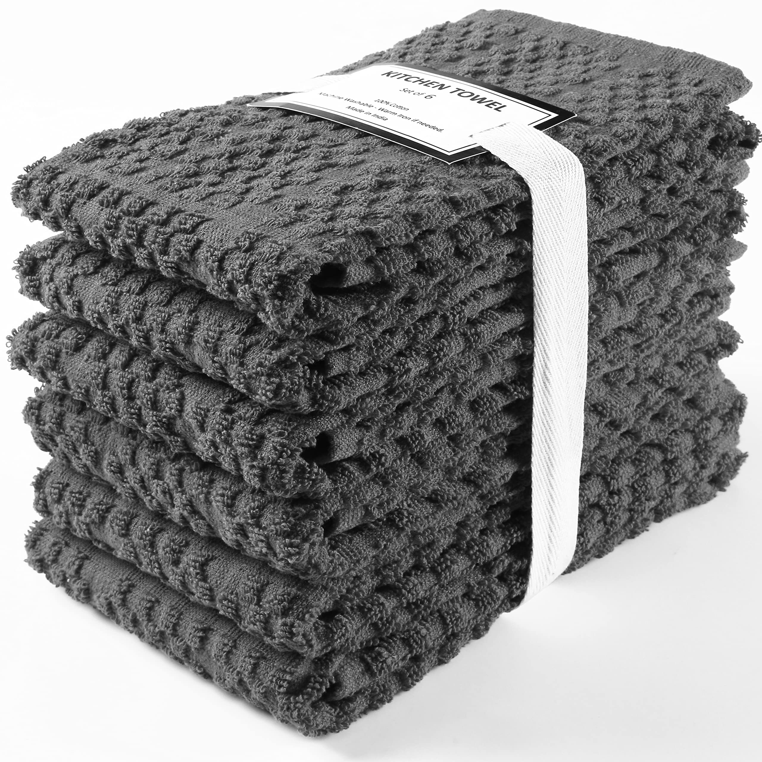 Quick Dry Cotton Kitchen Towels - 6-Pack Charcoal Grey for Cooking & Cleaning