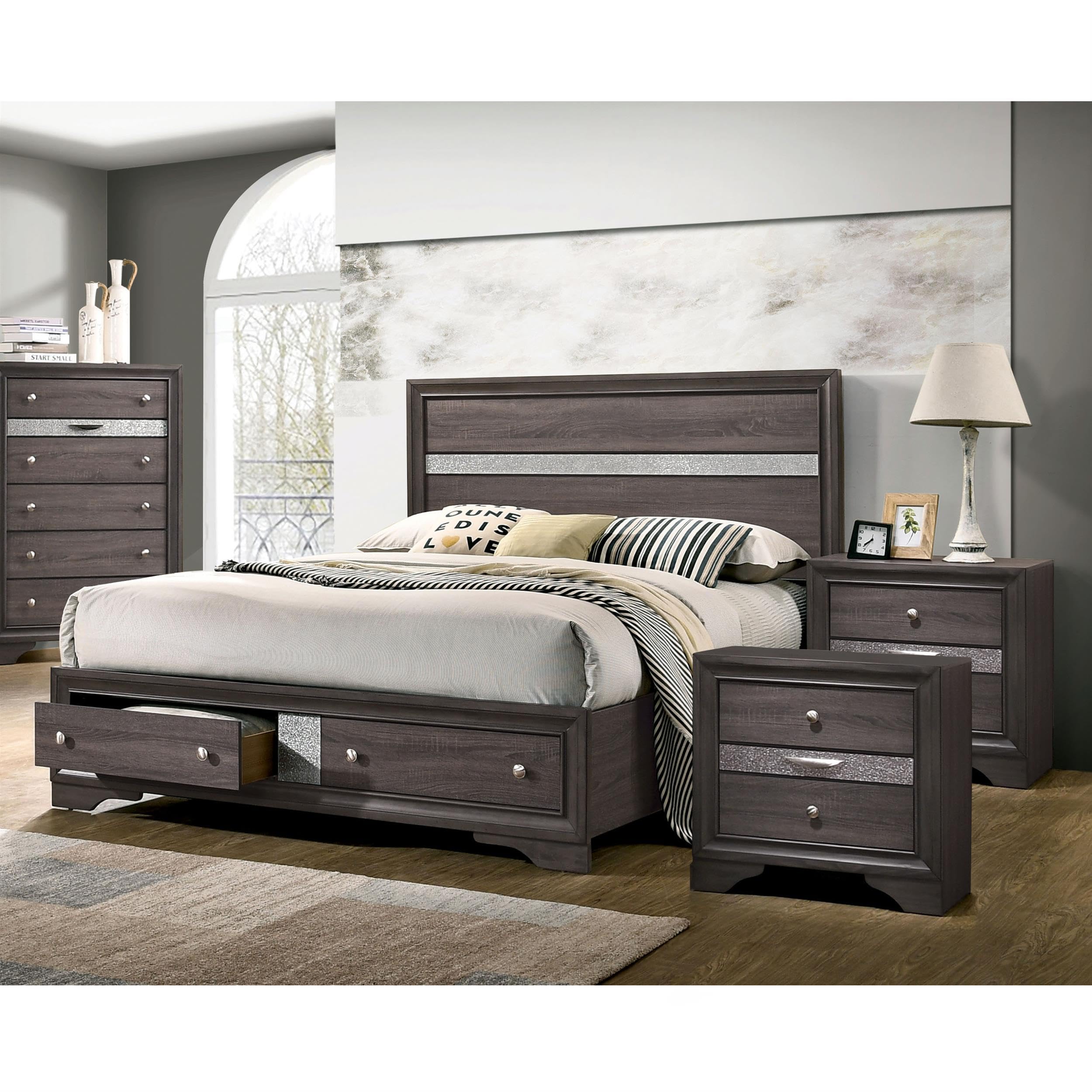 Furniture of America FOA Laren Contemporary 3-Piece Gray Wood Bedroom Set - Queen Size Bed with 2 Nightstands | Modern Bedroom Furniture for Small Spaces & Guest Rooms