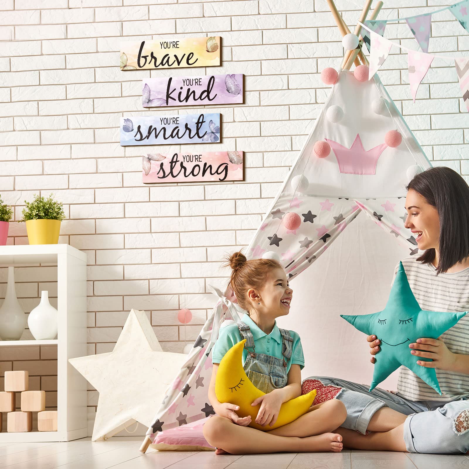 4-Piece Butterfly Inspirational Quote Wooden Wall Art - Motivational Home Decor for Women & Girls - Rustic Room Signs for Bedroom, Office, Nursery & Living Room - Perfect for Gifts & Home Decoration