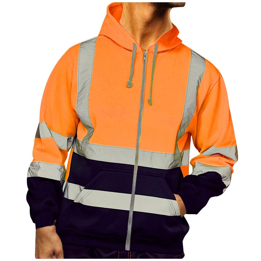 Men's High Visibility Safety Jacket - Reflective Pullover Hoodie with Full Zipper for Construction & Outdoor Work | ANSI Certified Workwear for Night Safety