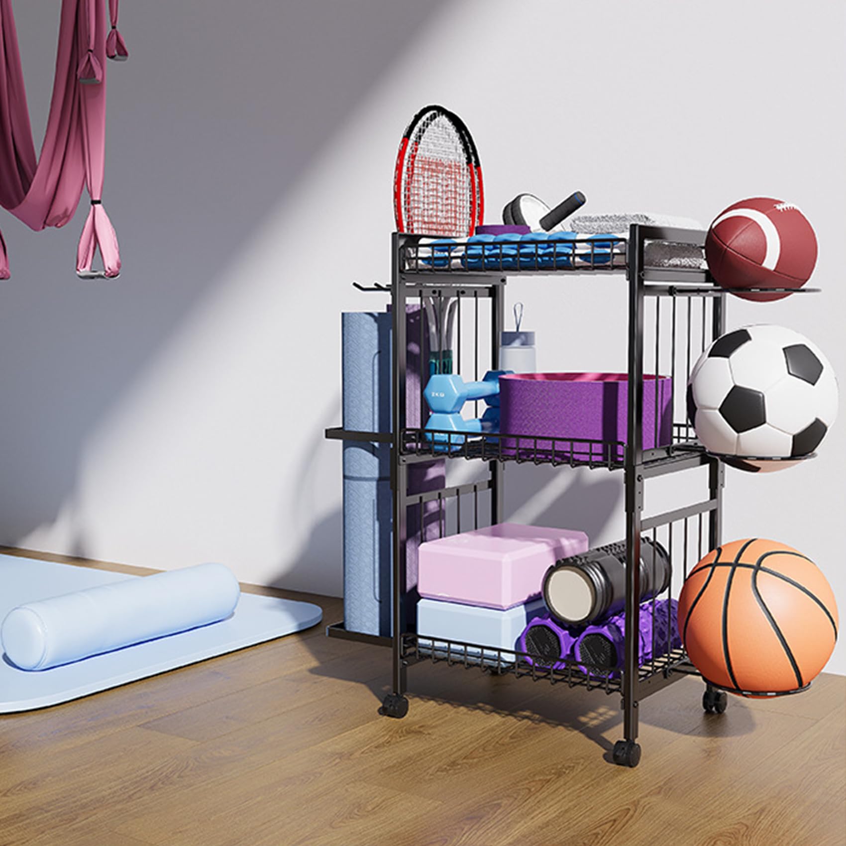 Premium Yoga Mat Storage Rack with Wheels & Hooks - Heavy Duty Home Gym Organizer for Yoga Mats & Fitness Equipment - Space Saving Workout Gear Storage Cart for Home Exercise, Yoga Studio & Gym Organization