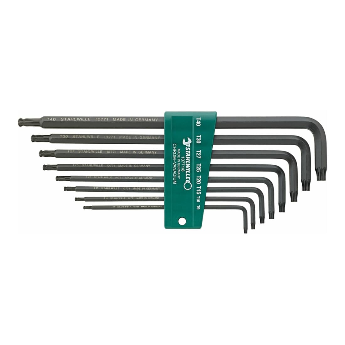Stahlwille 96432701 Torx Key Wrench Set - 8-Piece Extra Long Ball End T9-T40 with 25-Degree Swivel & Gunmetal Finish - Premium German-Made Tools for Automotive Repair, Electronics, and DIY Projects