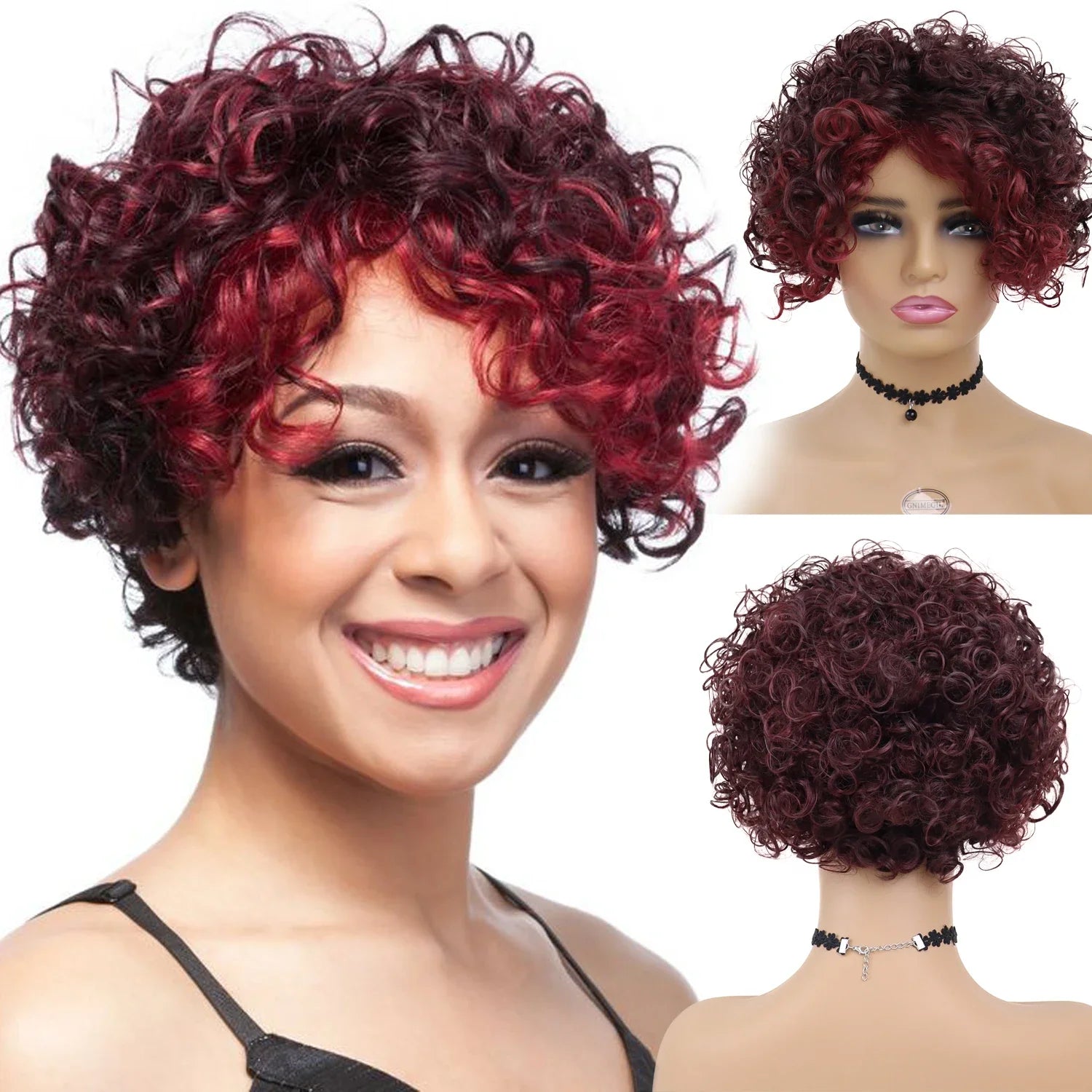 Afro Short Curly Synthetic Wig with Bangs for Women - Heat Resistant High Temperature Fiber Wig in Mix Brown Color | Fashionable & Cute Hairstyle for Cosplay, Parties & Daily Wear
