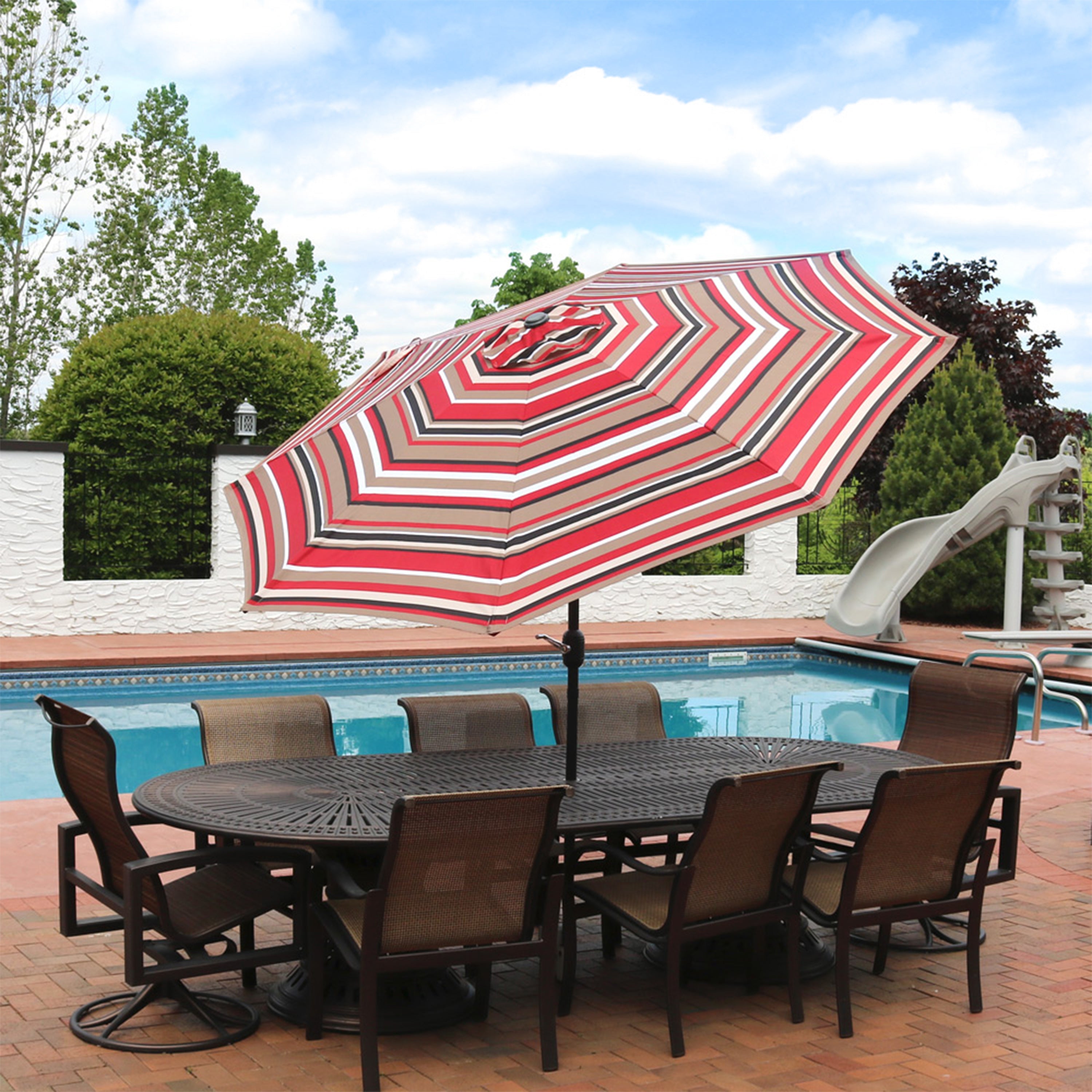 Sunnydaze 9-Foot Striped Outdoor Patio Umbrella with Push Button Tilt & Easy Crank Lift - Perfect for Poolside, Backyard, Garden, and Deck Shade