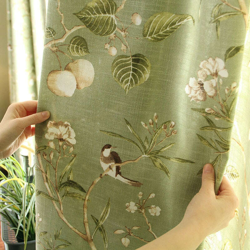 Astor American Country Garden Birds Print Semi-Sheer Curtains - Green | Light Filtering Window Treatments for Living Room & Bedroom