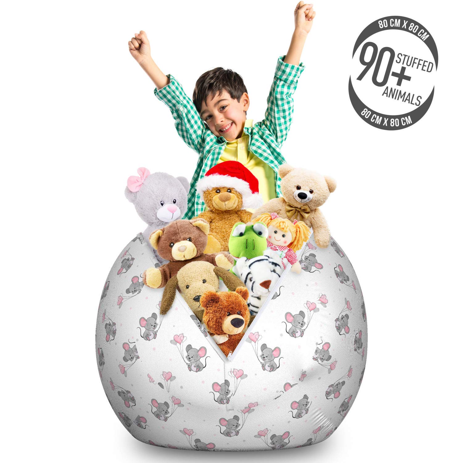 Ambesonne Cartoon Toy Storage Bag Chair - Large Washable Stuffed Animal Organizer with Mice & Heart Balloons Design - Pale Pink Grey White for Kids' Room, Birthday Party & Playroom Decor