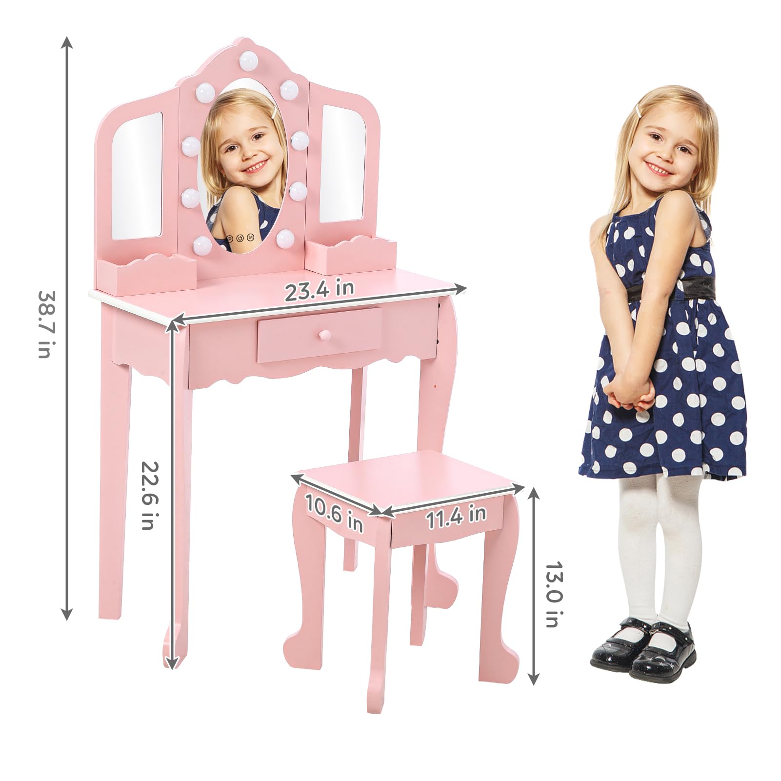 Kids Vanity Set with 3 Mirrors & Stool - Wooden Princess Makeup Play Table for Toddlers & Girls (Pink) | Perfect for Pretend Play, Birthday Gifts & Bedroom Decor