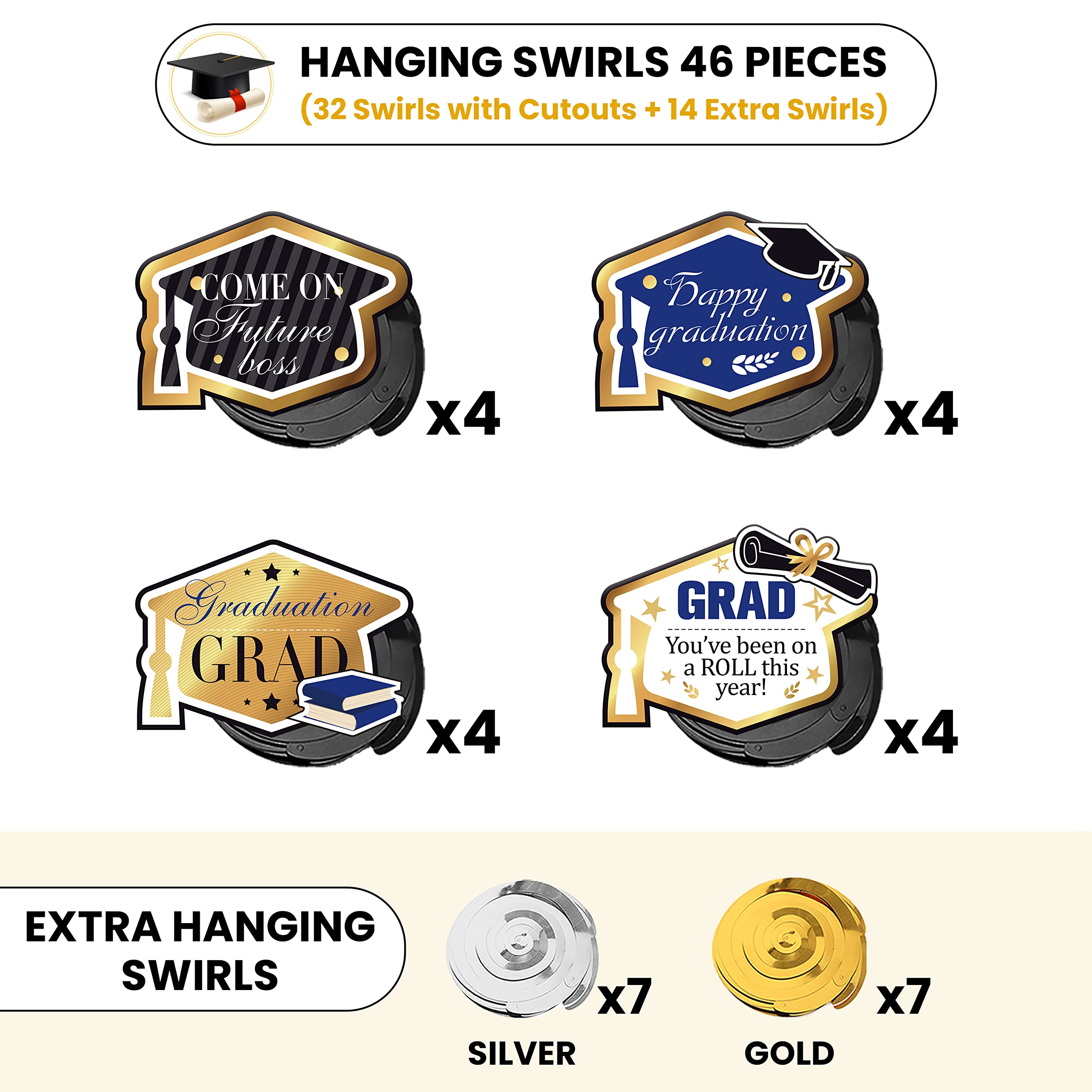 KatchOn Graduation Hanging Swirl Decorations - 46-Pack Blue & Gold 2025 Graduation Party Supplies | No DIY Required | Perfect for Graduation Ceremonies, Parties & Photo Backdrops