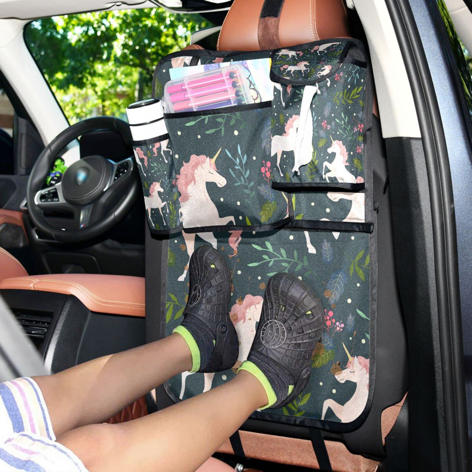 CHSIN Unicorn Backseat Car Organizer with Tissue Box - 4 Oxford Fabric Storage Pockets, Seat Back Protector & Kick Mat for Kids & Toddlers (1 Pack) - Perfect for Road Trips, School Commutes & Family Travel