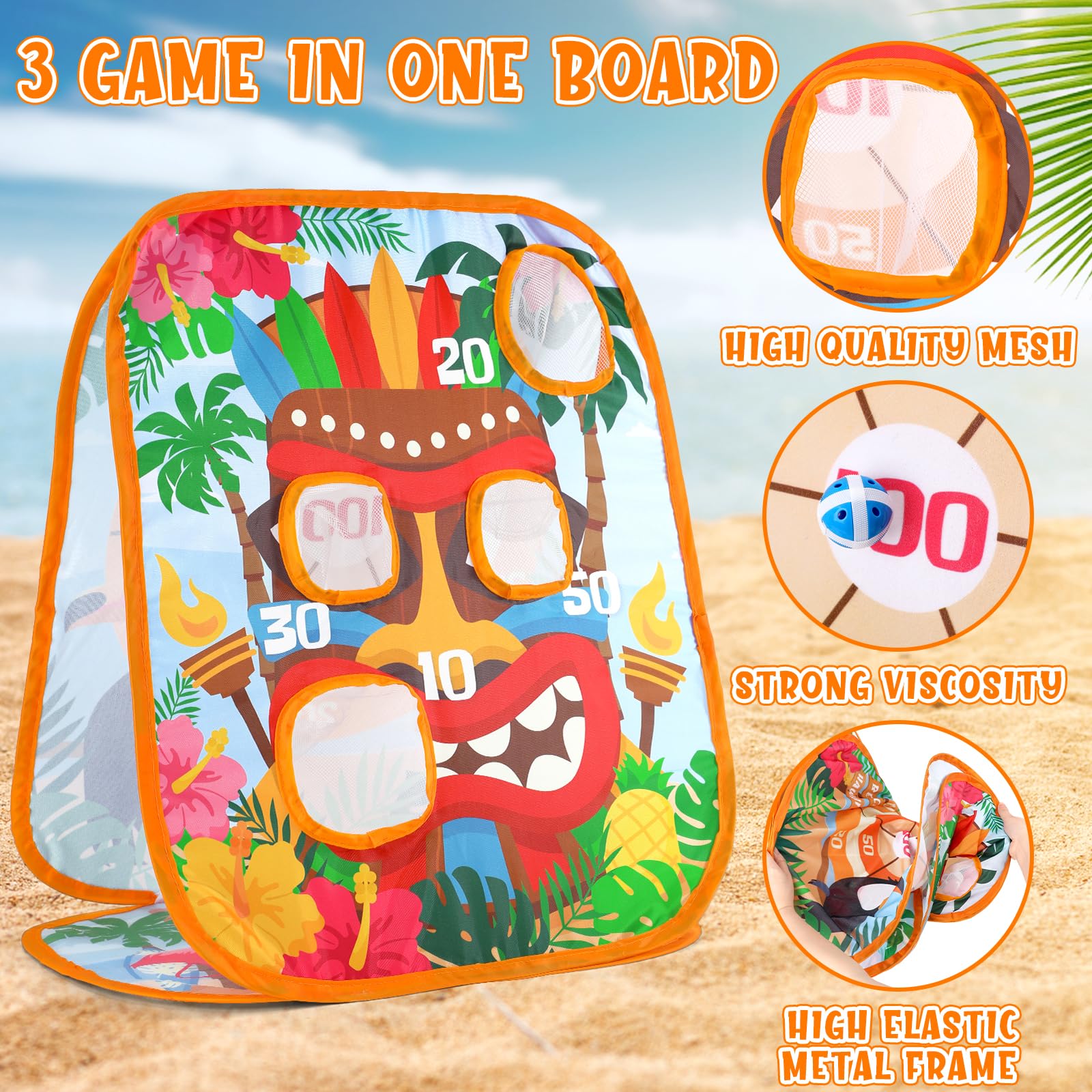 Bessmoso Double-Sided Collapsible Cornhole Board Set - Hawaiian Luau Party Games for Adults & Kids - Indoor/Outdoor Bean Bag Toss Game for Backyard, Beach, BBQ & Summer Tropical Parties - Perfect for Family Gatherings, Kindergarten Events & Tiki Themed Celebrations