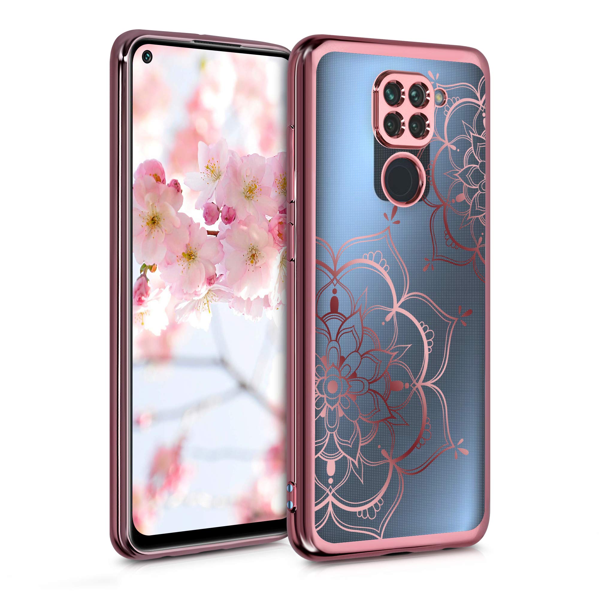 kwmobile Crystal Clear TPU Case for Xiaomi Redmi Note 9 - Soft Flexible Transparent Silicone Phone Cover with Rose Gold Flower Design - Perfect for Everyday Protection & Style Enhancement
