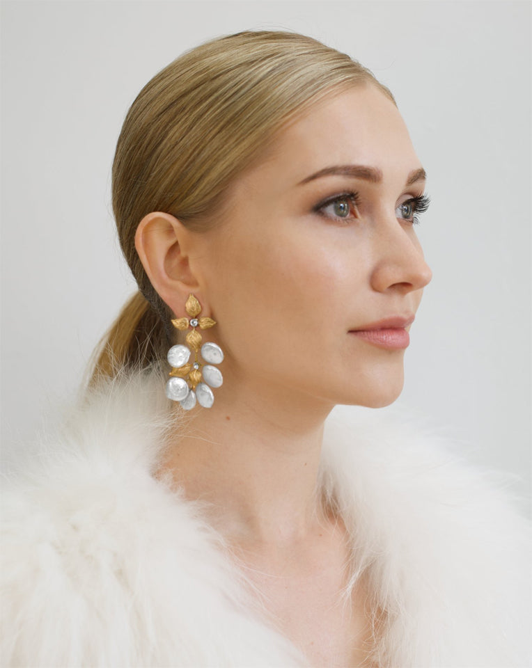 Elegant Bridal Earrings with Gold Leaf & Freshwater Pearl Drops by Siam by Stephanie Browne – Perfect for Weddings, Prom & Special Occasions