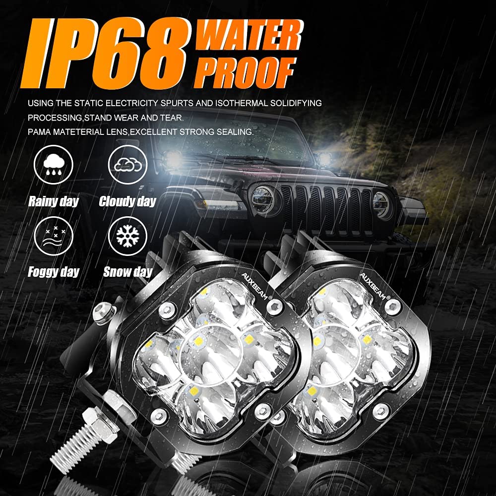 Auxbeam 3 Inch LED Pods - 80W 9600LM Amber Fog Light Pods for Offroad, Jeep, Truck, ATV, UTV | Spot Flood Combo Ditch Lights | Perfect for Night Driving, Work Lighting, and Outdoor Adventures