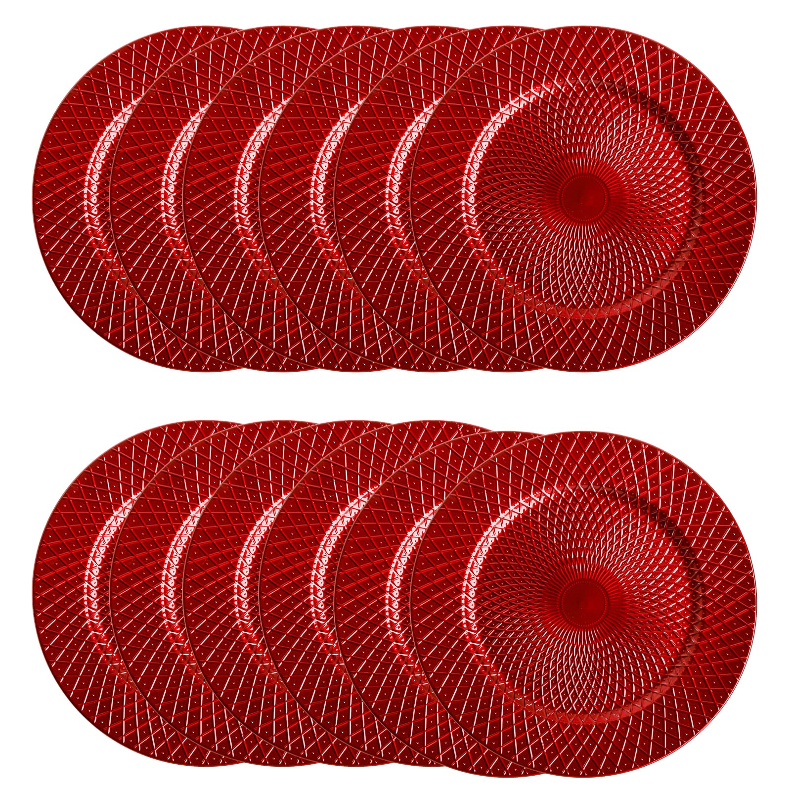 12 Pack Red Plastic Charger Plates - 13 Inch Round Decorative Diamond Pattern Dinner Plates for Wedding, Party & Events - Elegant Reusable Serving Plates for Table Decorations & Special Occasions