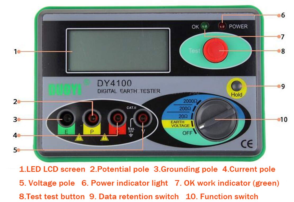 DY4100 Digital Earth Ground Resistance Tester Meter 0.01Ω-2000Ω with LCD Display - Professional Soil Resistivity Measurement Tool for Electricians, Engineers & DIY Projects - Perfect for Home Wiring, Industrial Equipment & Solar Panel Grounding Systems