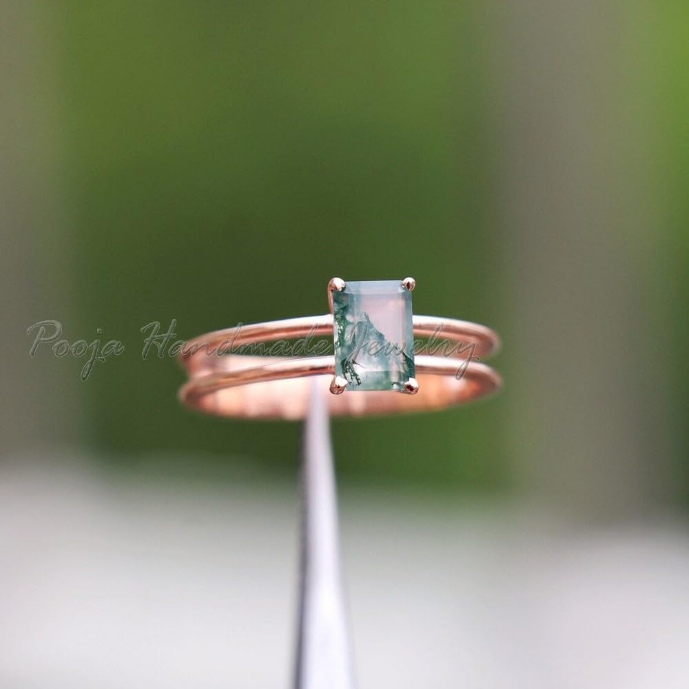 Moss Agate Ring for Women - 14K Rose Gold Vermeil & 925 Sterling Silver Dainty Bohemian Midi Stackable Band Ring - Perfect Birthday Gift for Her - Ideal for Everyday Wear, Stacking, and Bohemian Style Outfits