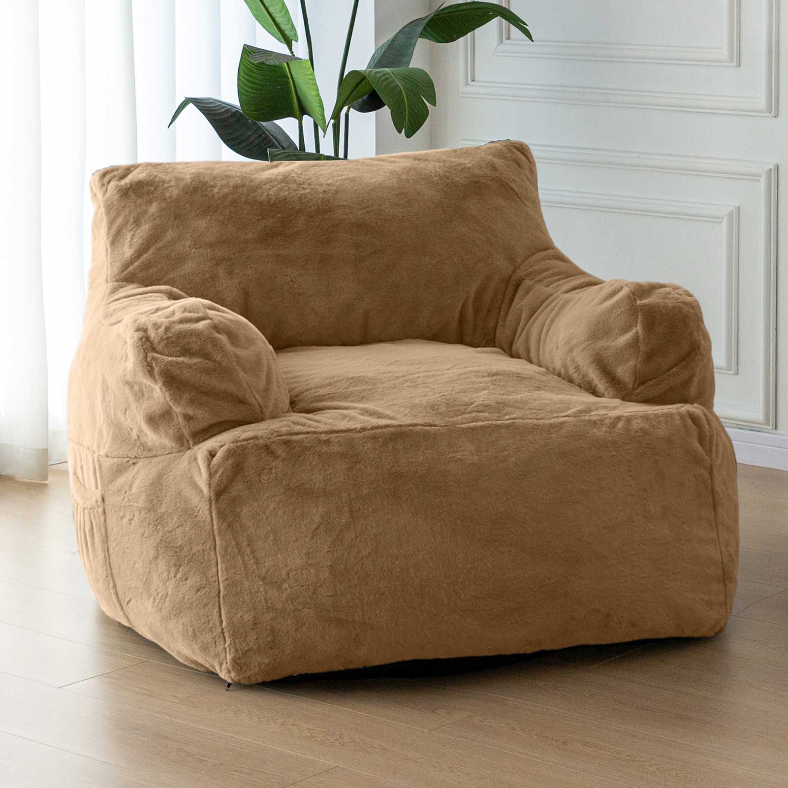 MAXYOYO Giant Bean Bag Chair - Extra Large Faux Fur Stuffed Bean Bag Couch for Living Room, Bedroom & Game Room - Super Soft Khaki Lounger for Adults & Teens - Perfect for Relaxing, Reading & Gaming