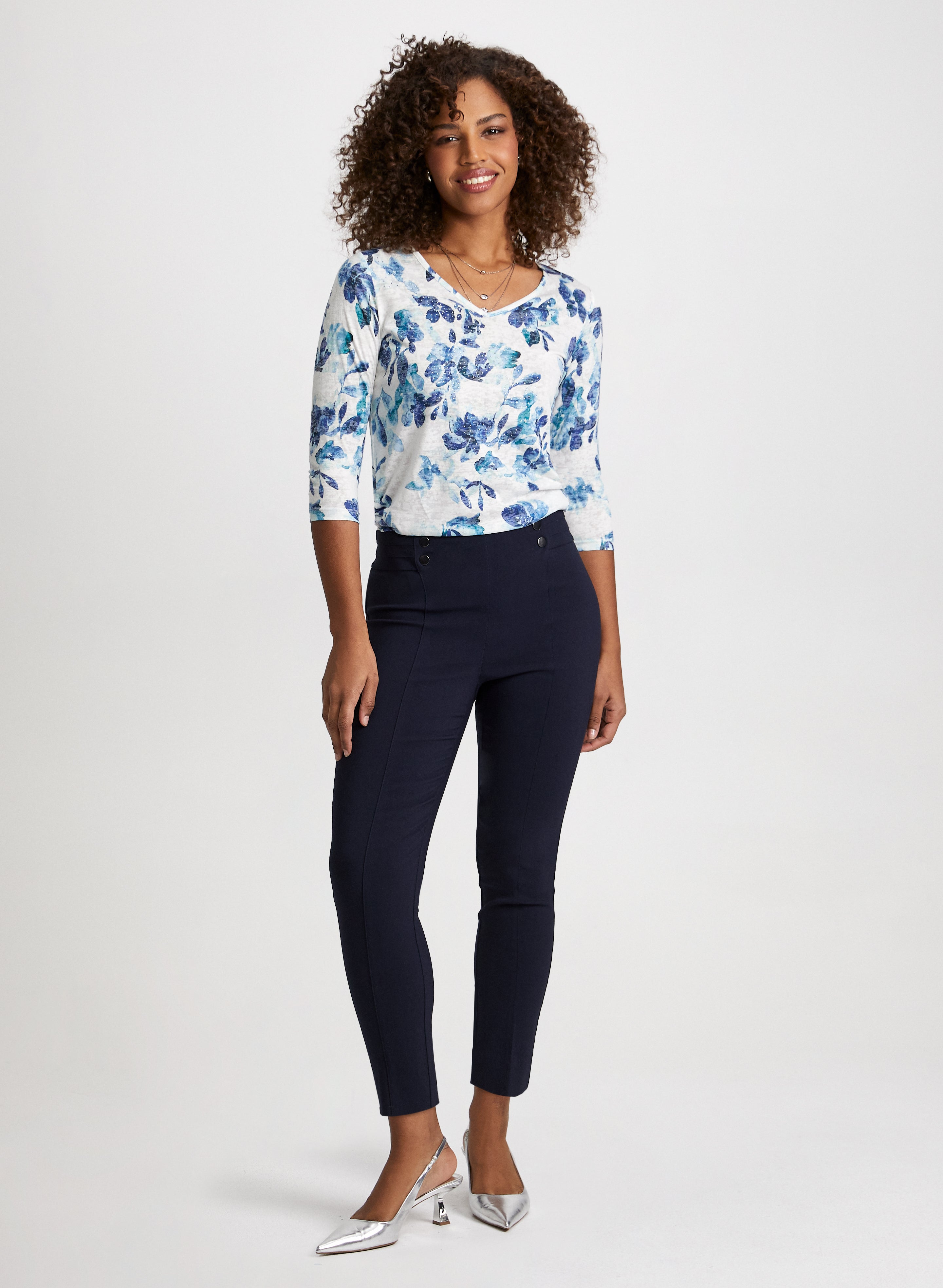Floral Print Tied Hem Blouse & Slim Leg Bengaline Pants Set - Women's Casual Office Wear & Spring Outfit
